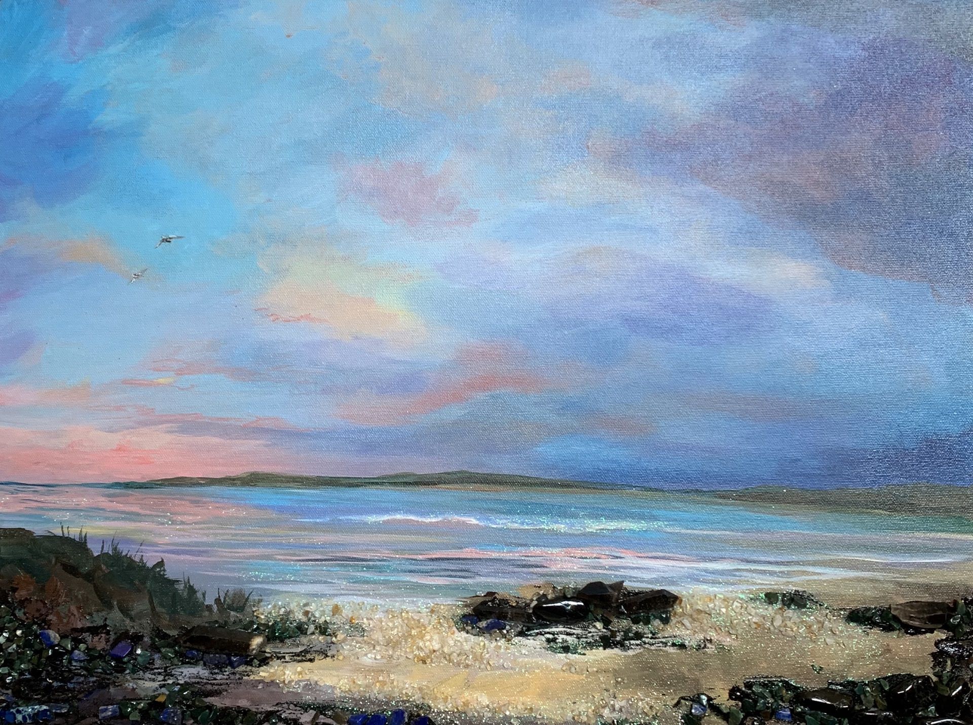 A painting of a beach with a sunset in the background