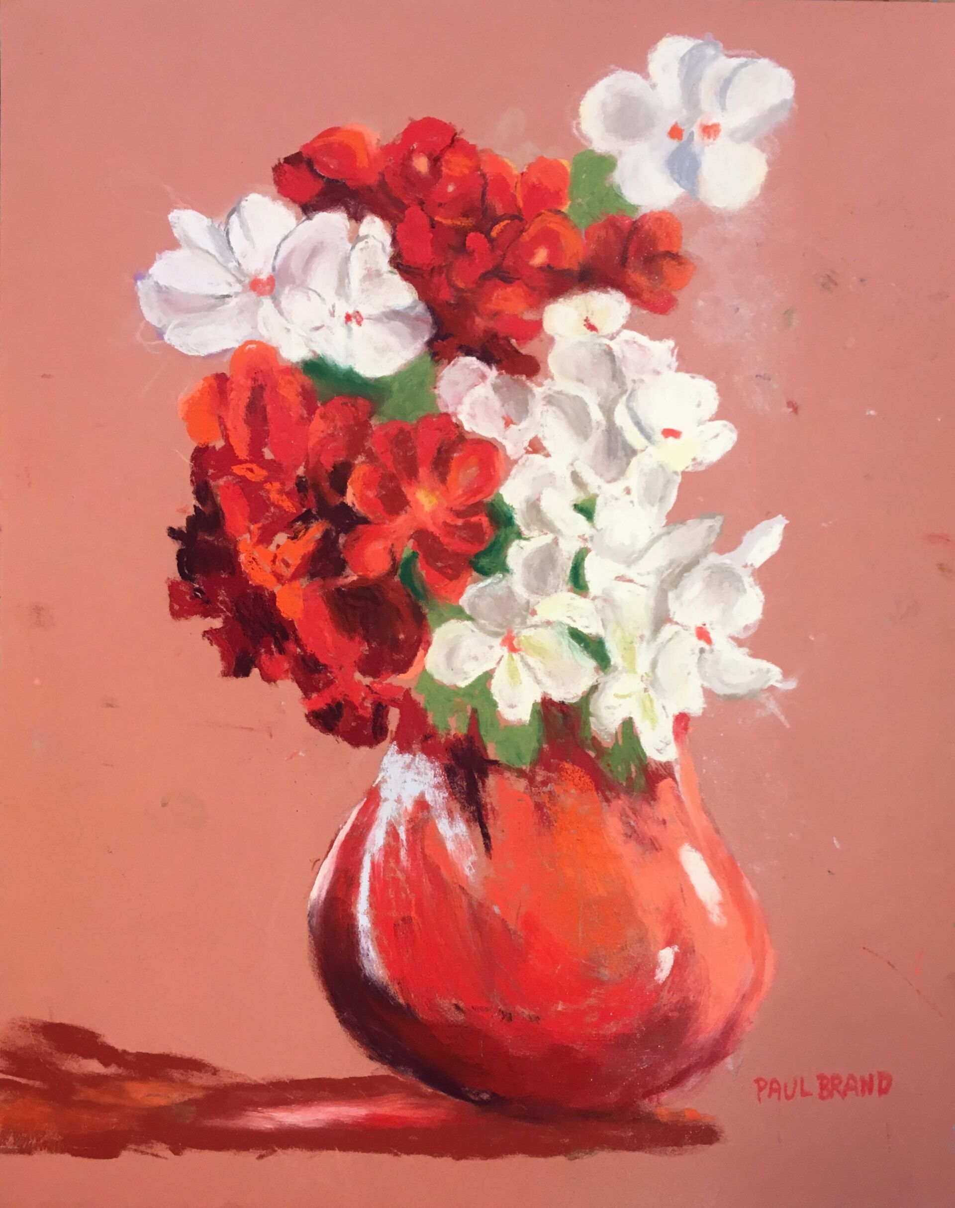 A painting of red and white flowers in a red vase.
