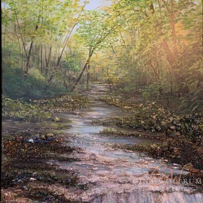 A painting of a stream running through a forest surrounded by trees.