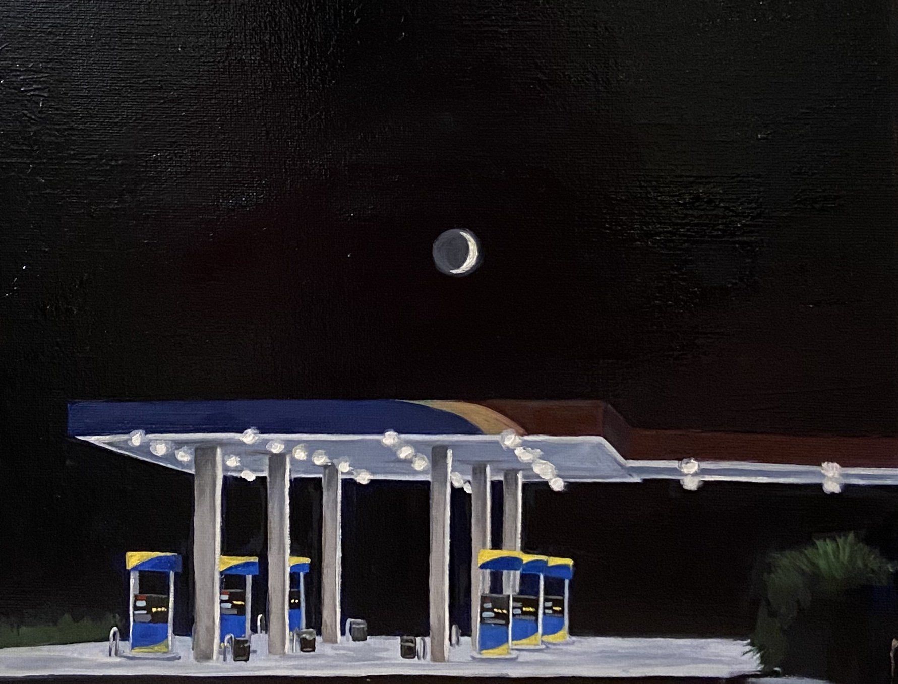 A painting of a gas station with a crescent moon in the background