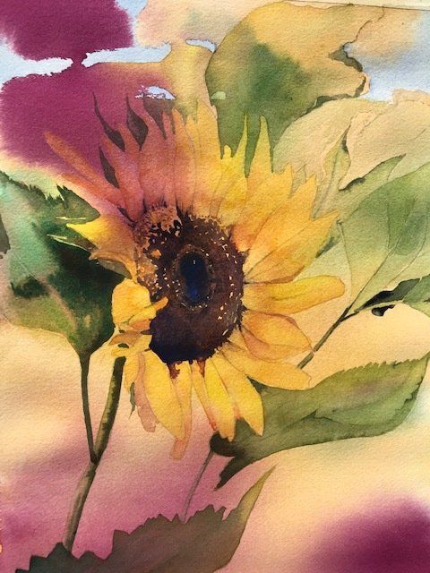 A watercolor painting of a sunflower with leaves