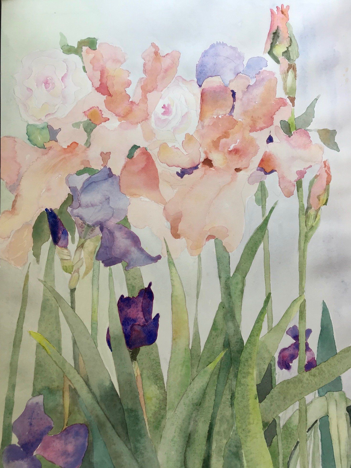 A watercolor painting of flowers in a garden