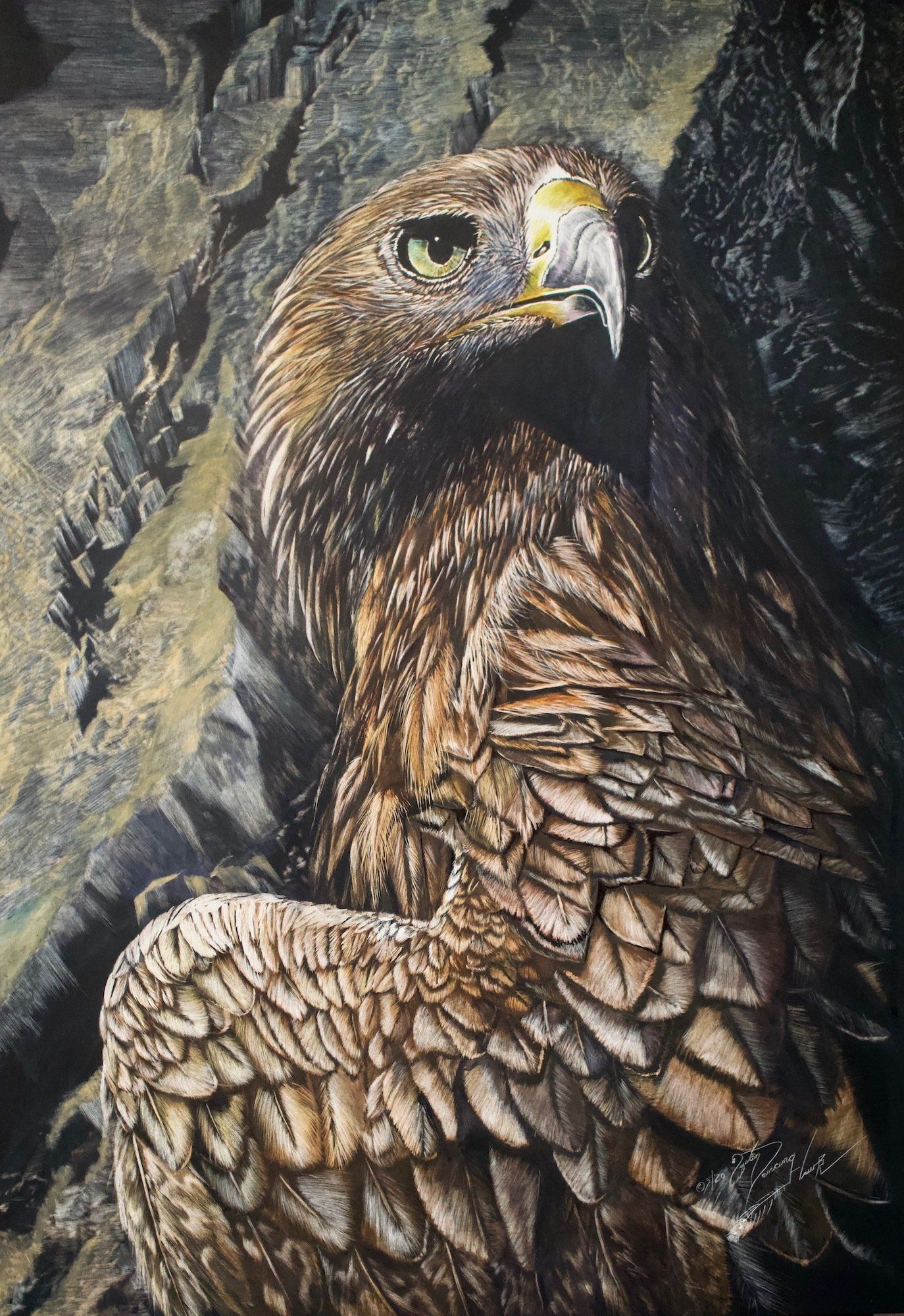 A close up of a painting of an eagle sitting on a rock.