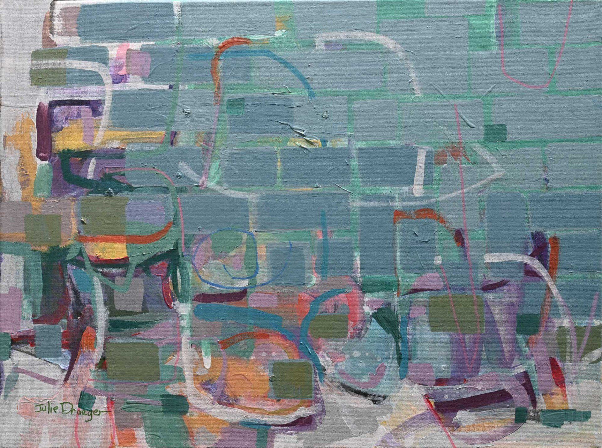 A painting of a colorful landscape with a bicycle in the foreground.