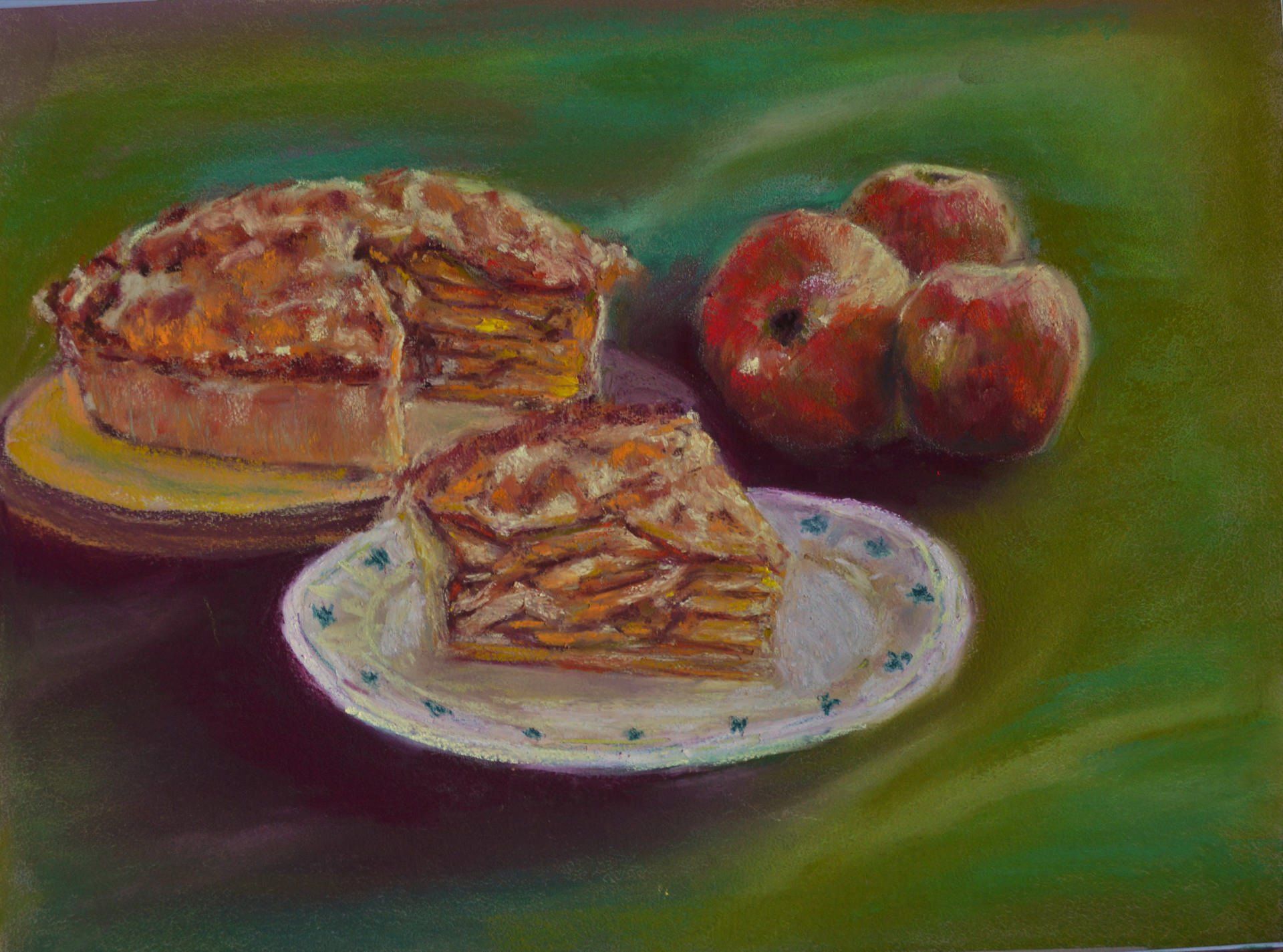 A painting of an apple pie and apples on a plate