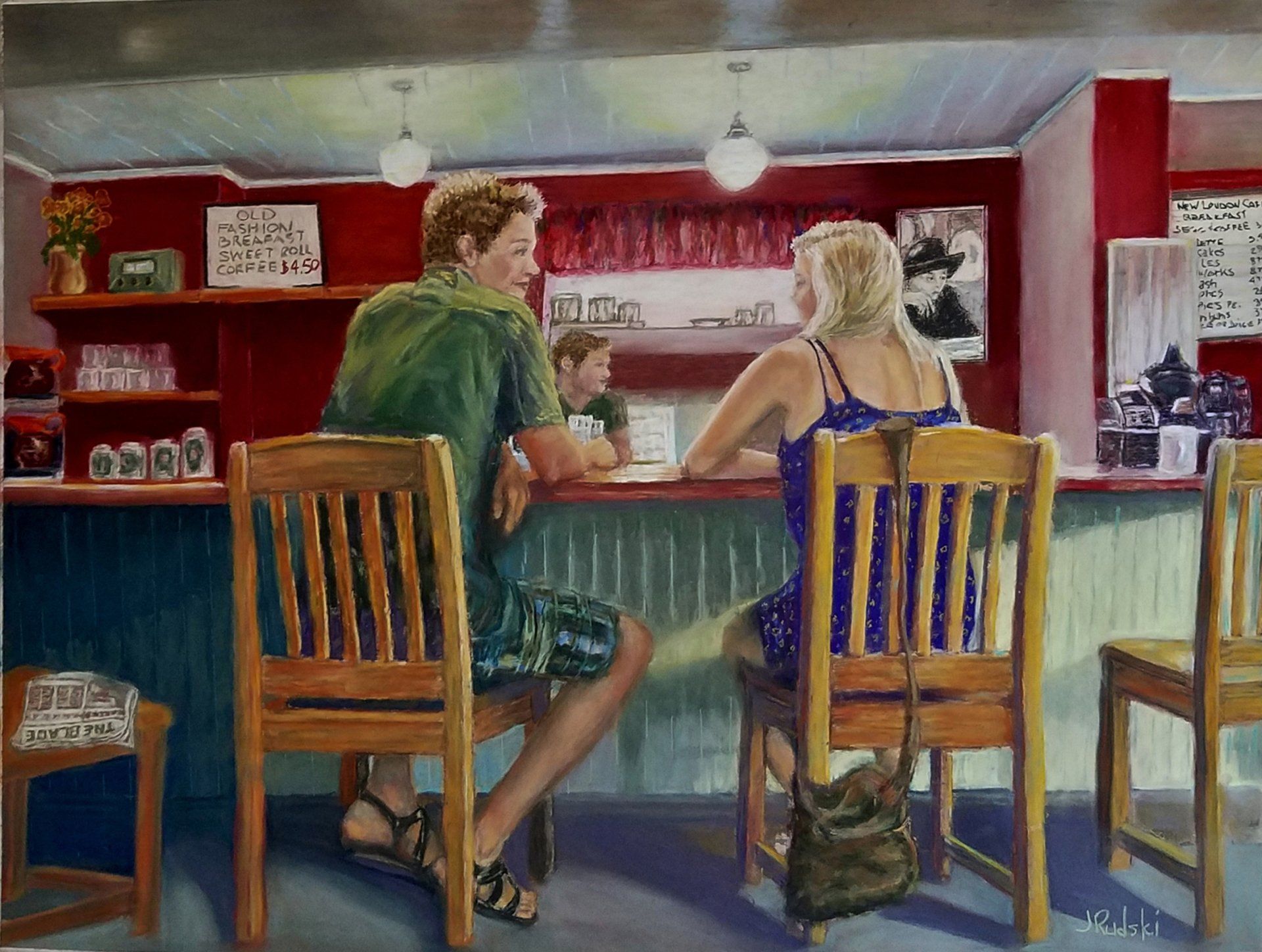 A painting of a man and woman sitting at a bar