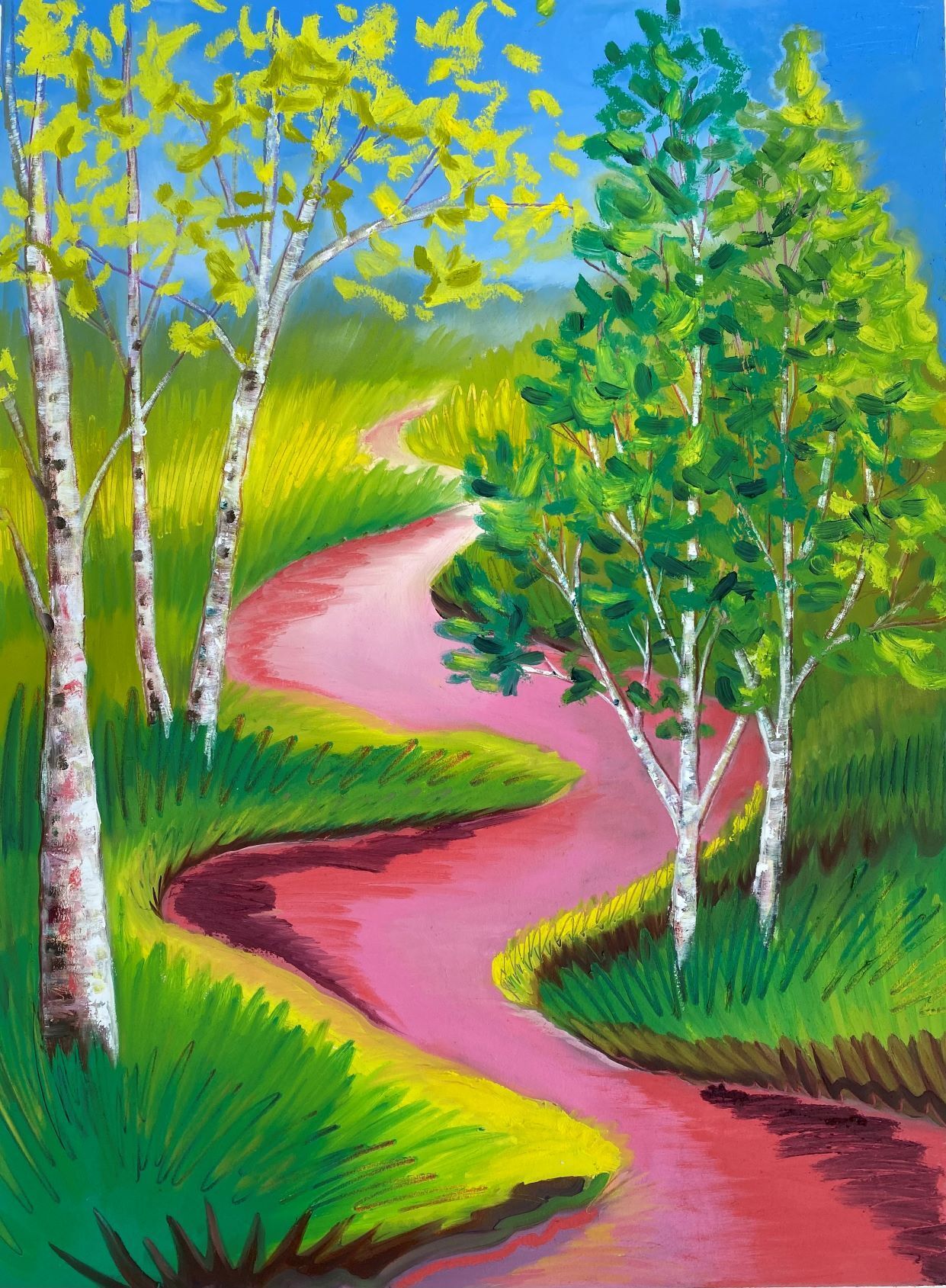 A painting of a path surrounded by trees and grass