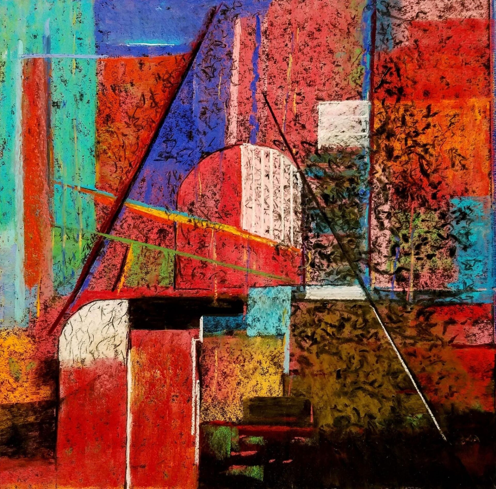 A colorful painting with a triangle in the middle