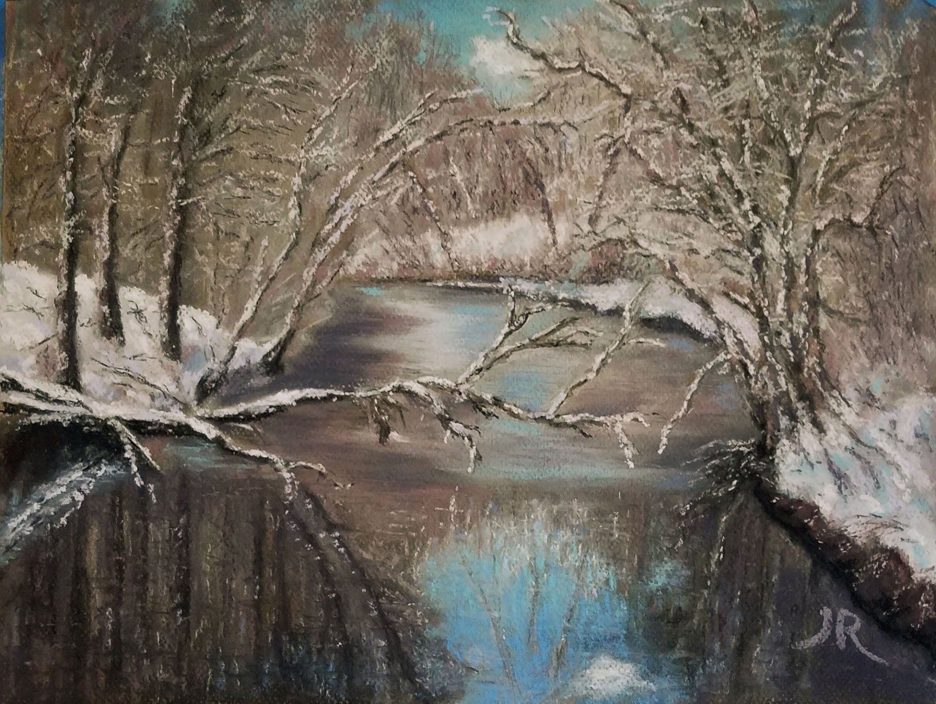 A painting of a river surrounded by snow covered trees.