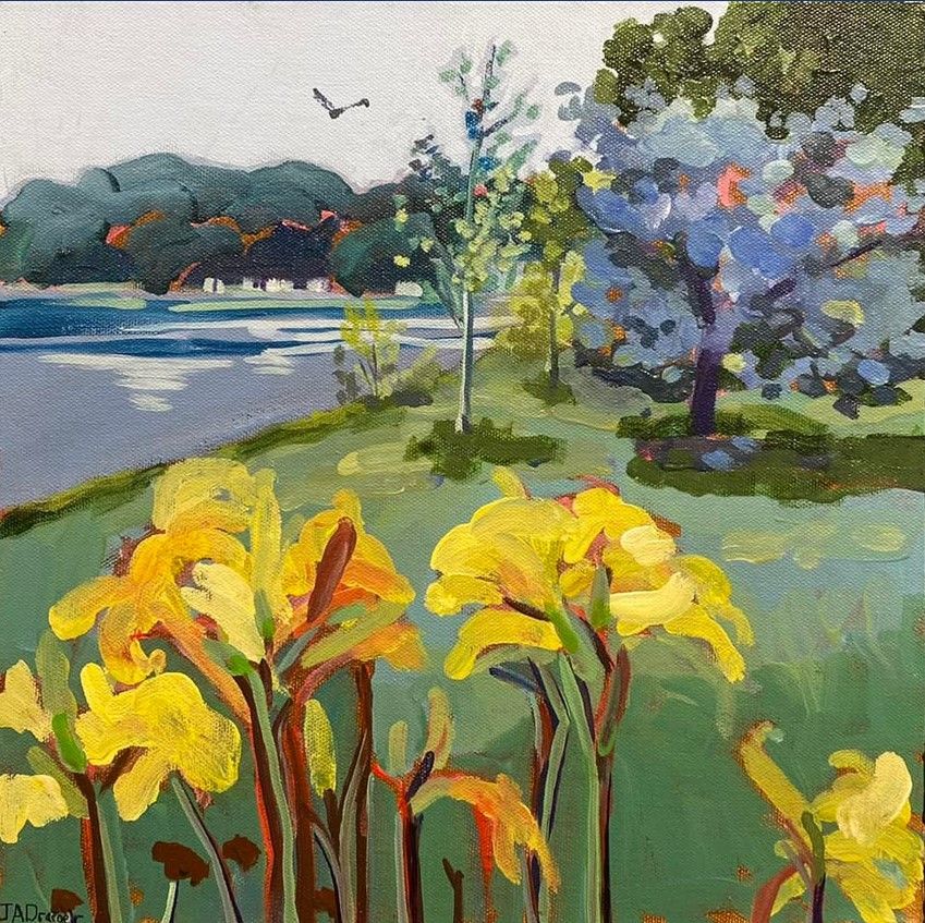 A painting of yellow flowers in front of a lake