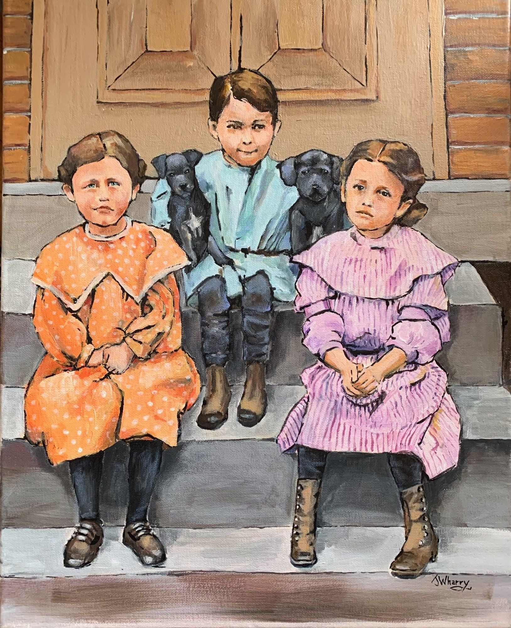 A painting of three children sitting on steps with their dogs