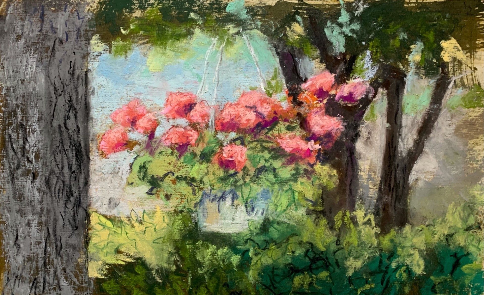 A painting of flowers in a garden with trees in the background.