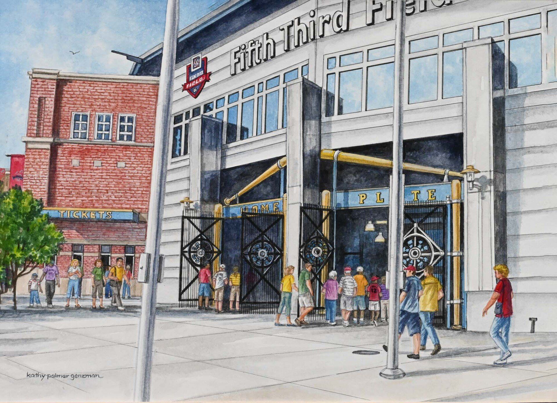 A painting of people walking in front of a building that says fifth third