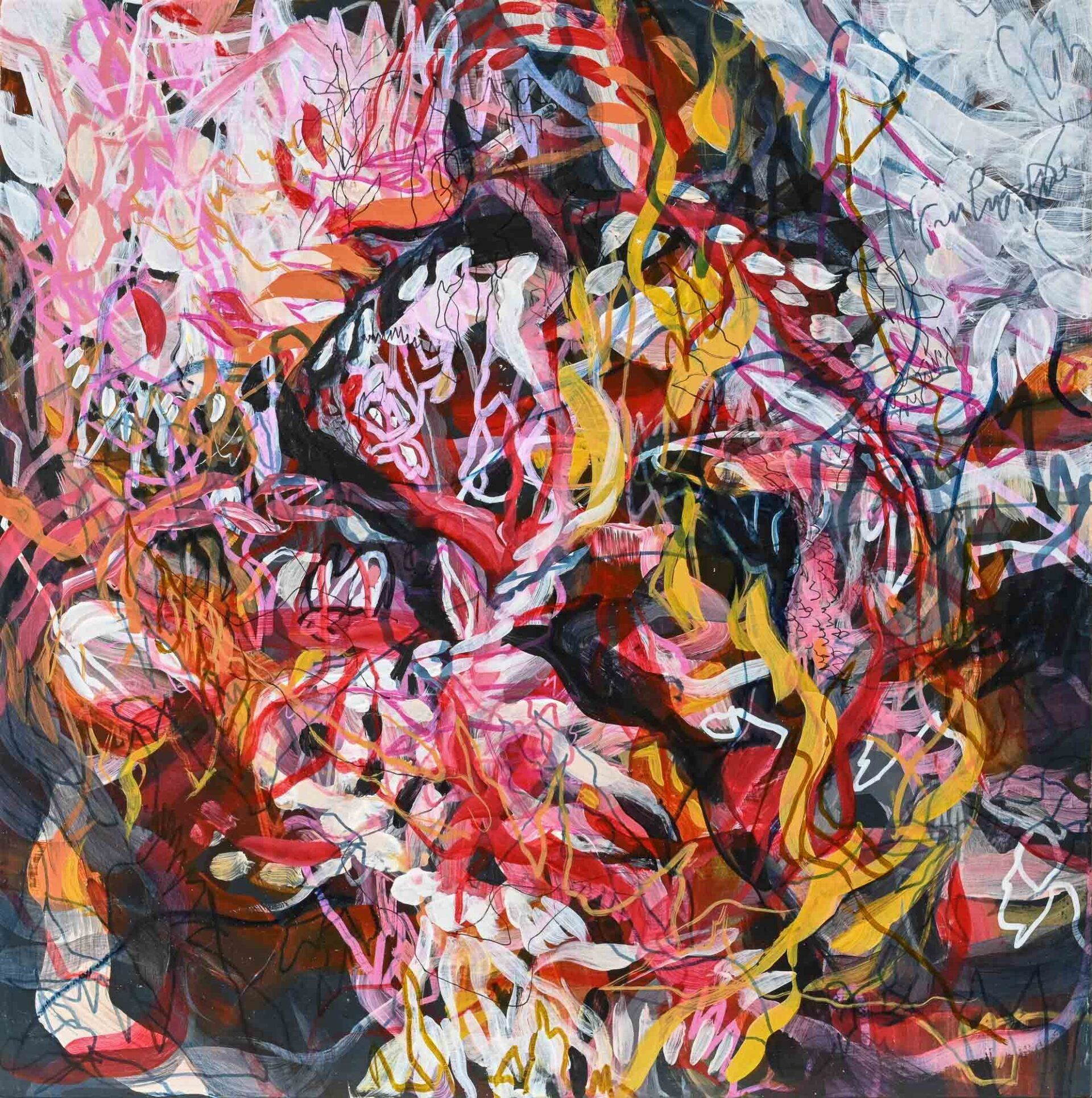 A close up of a colorful painting on a wall