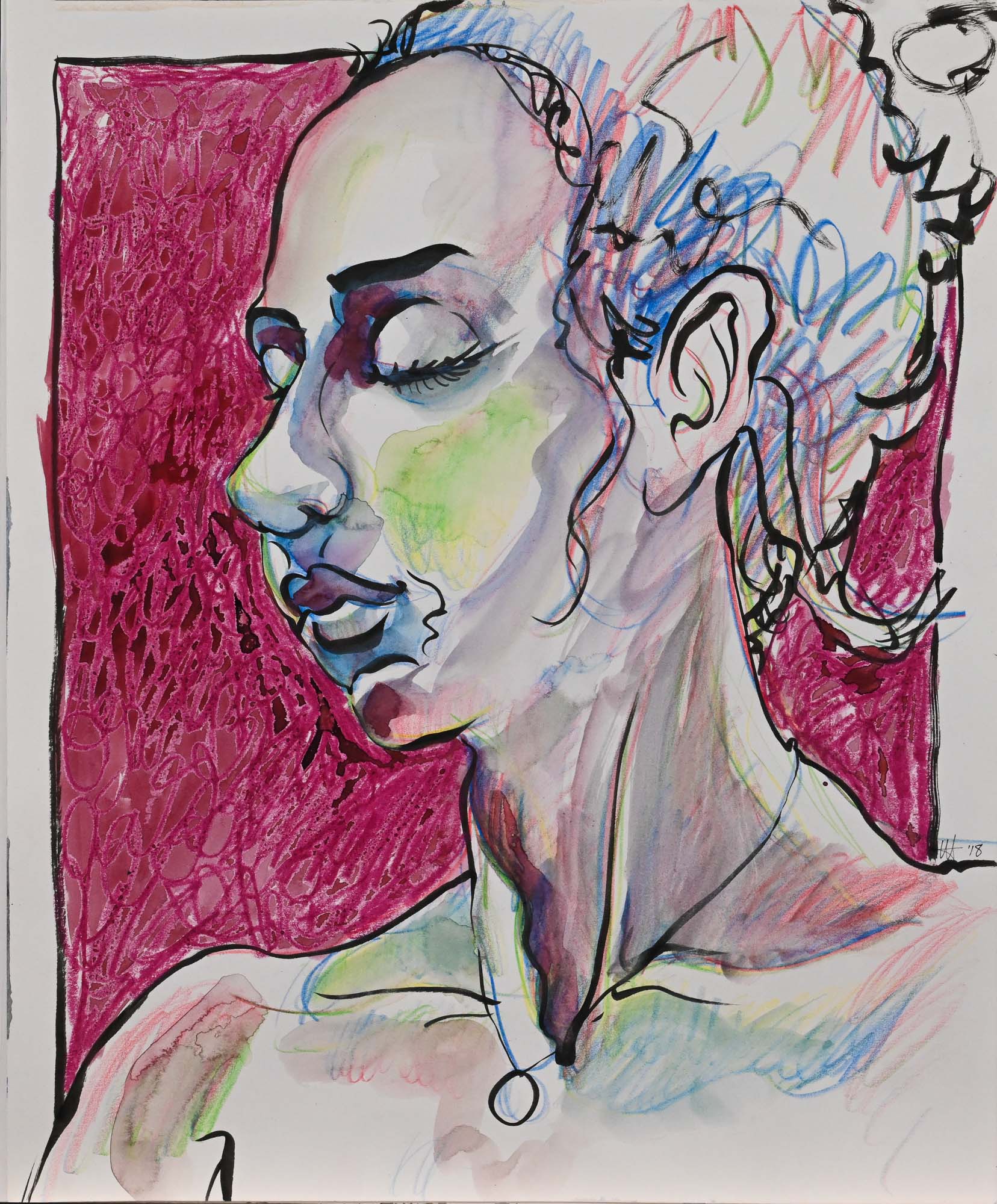 A colorful drawing of a woman with her eyes closed