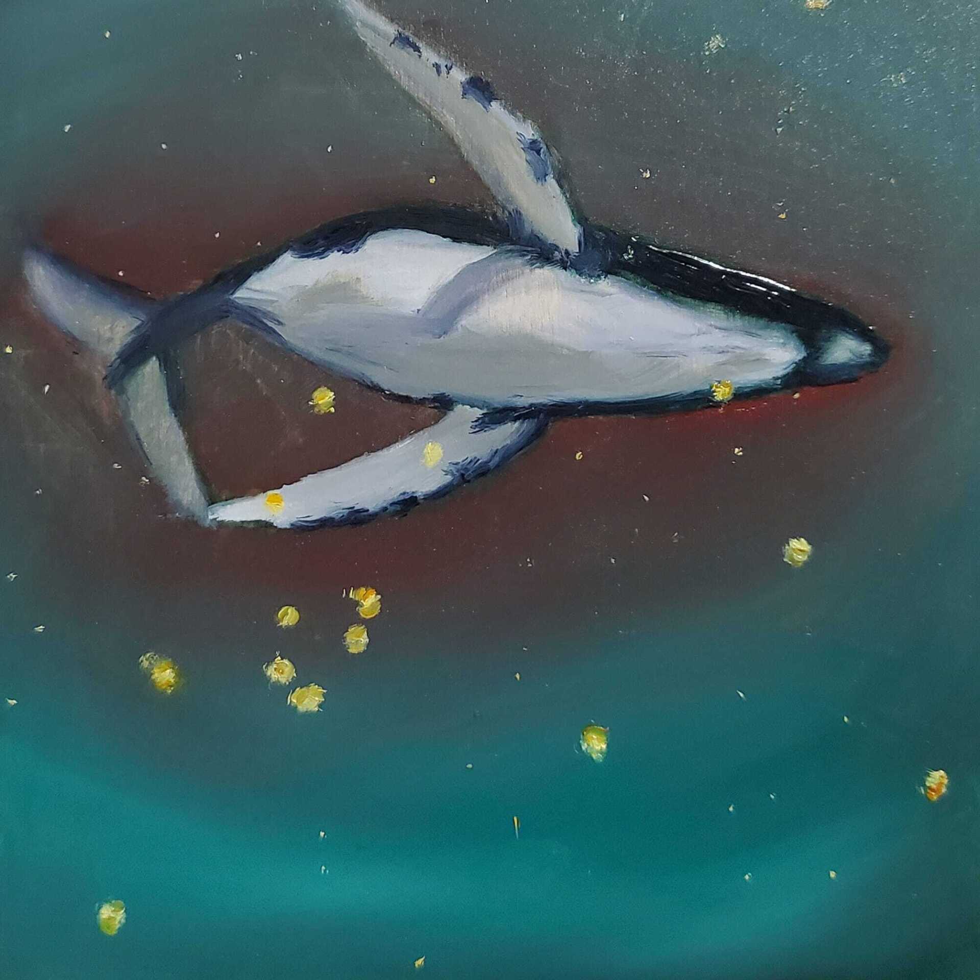 A painting of a whale swimming in the ocean