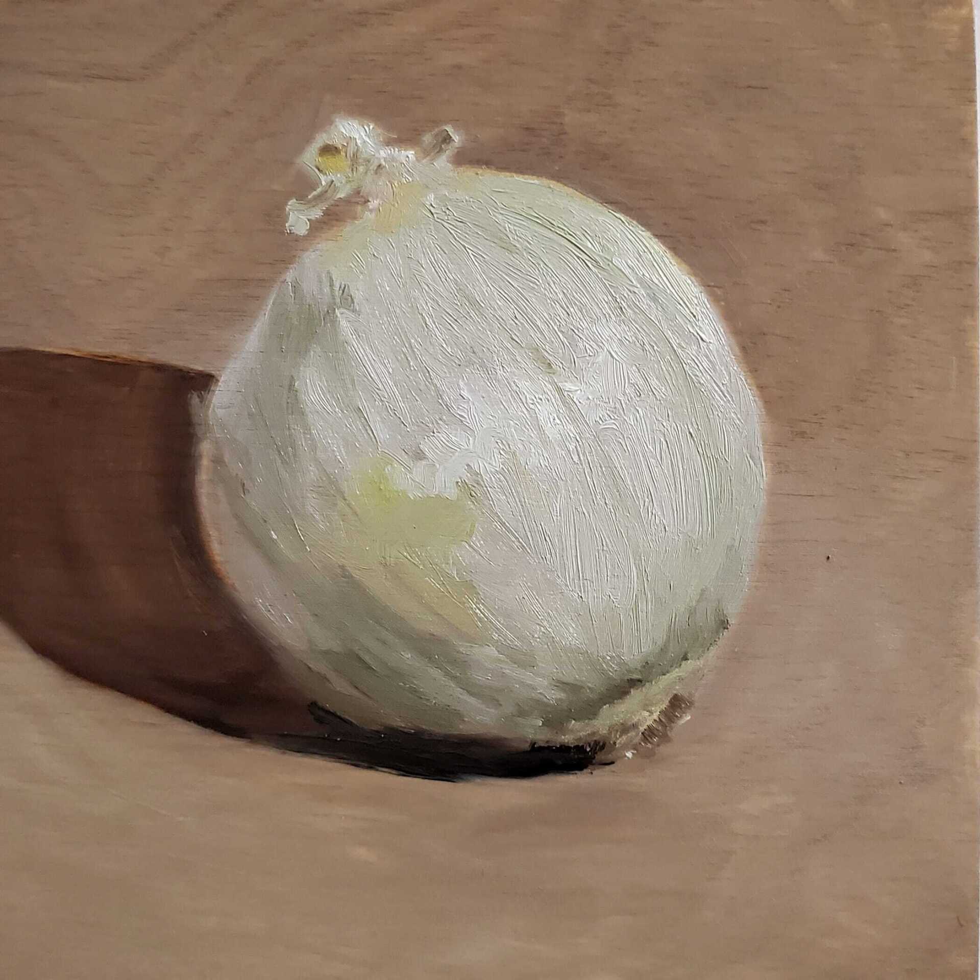 A painting of an onion on a wooden surface.