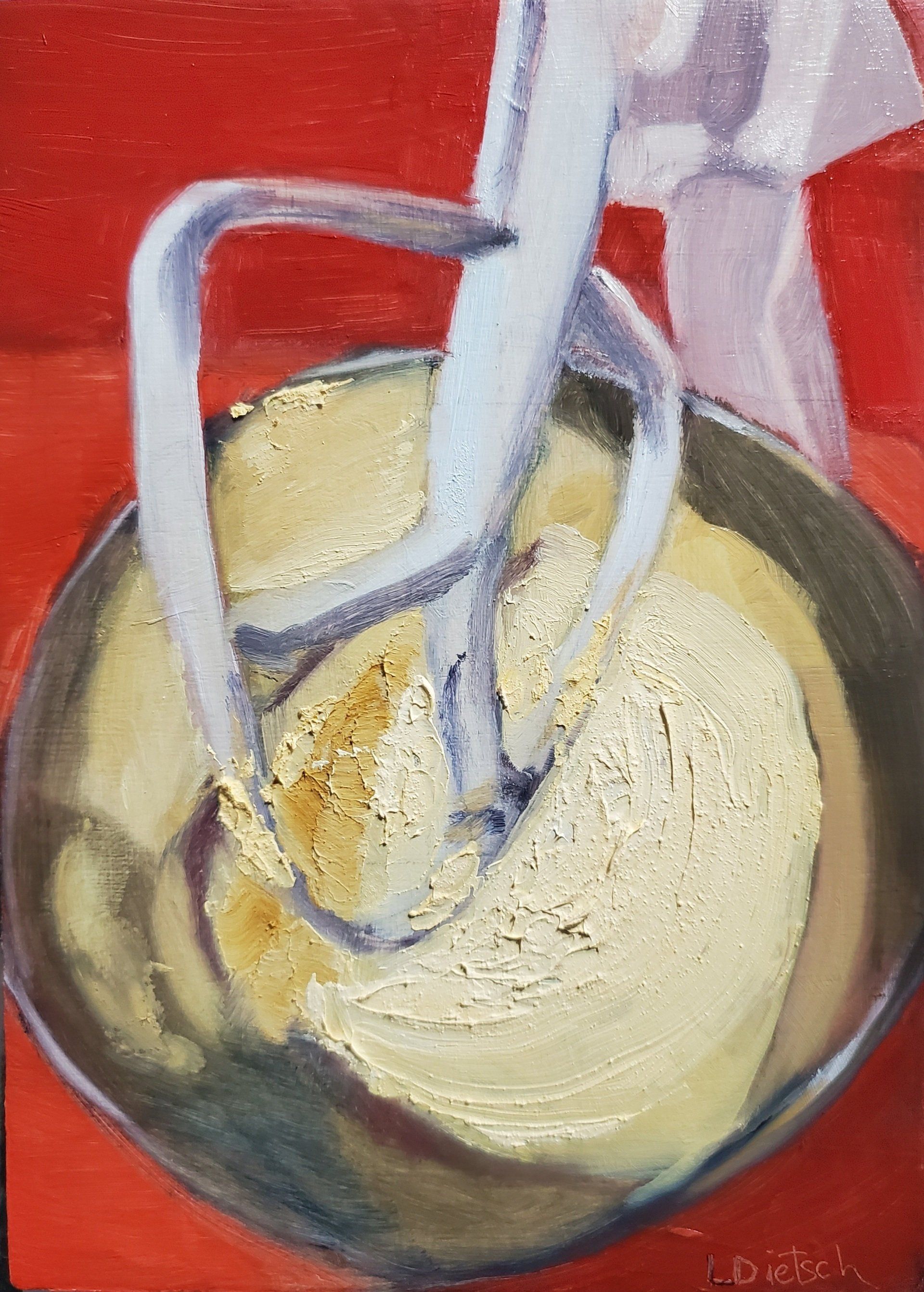 A painting of a mixer in a bowl of batter.