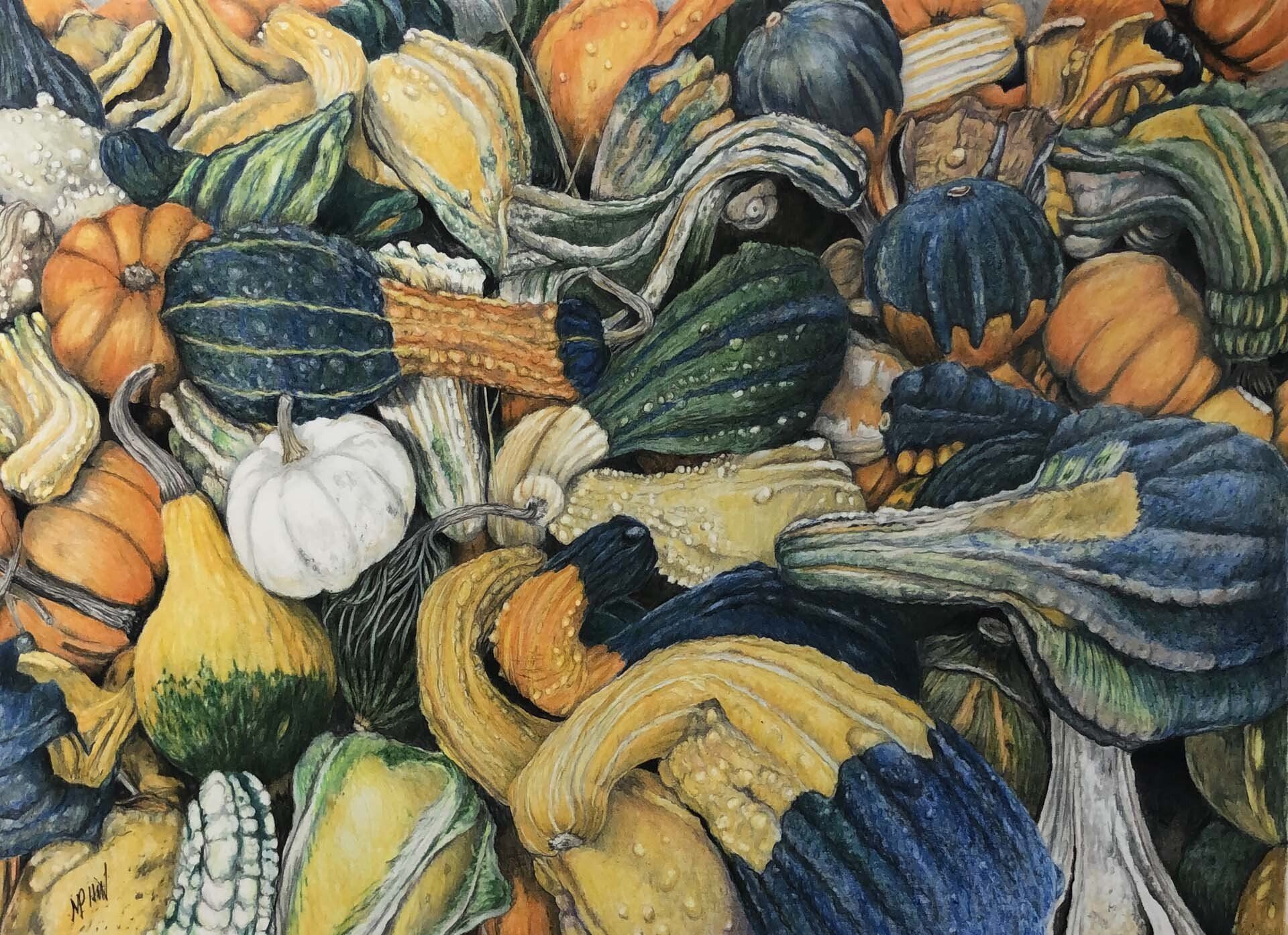 A painting of a bunch of different types of pumpkins