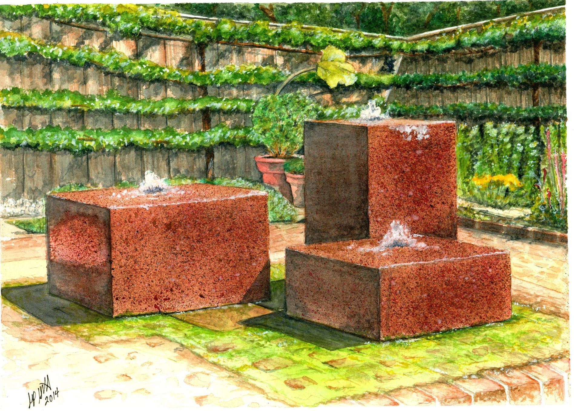 A painting of three bricks with water coming out of them in a garden.