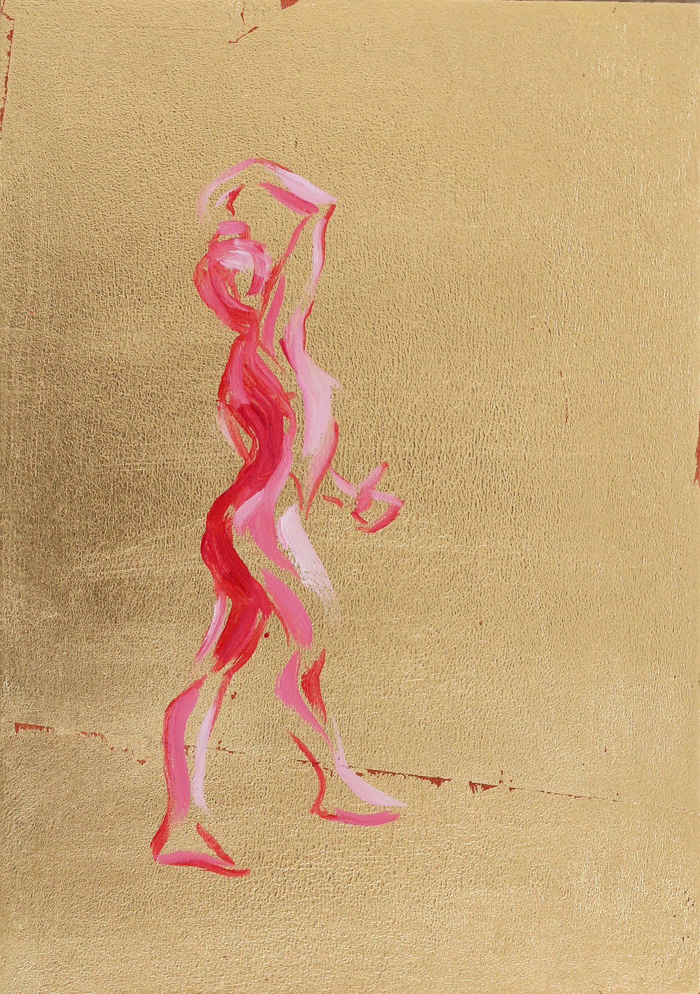 A painting of a woman standing on a gold background.