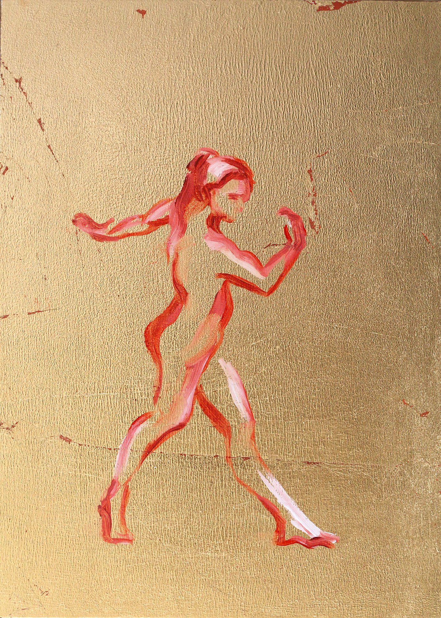 A painting of a woman walking on a gold background.