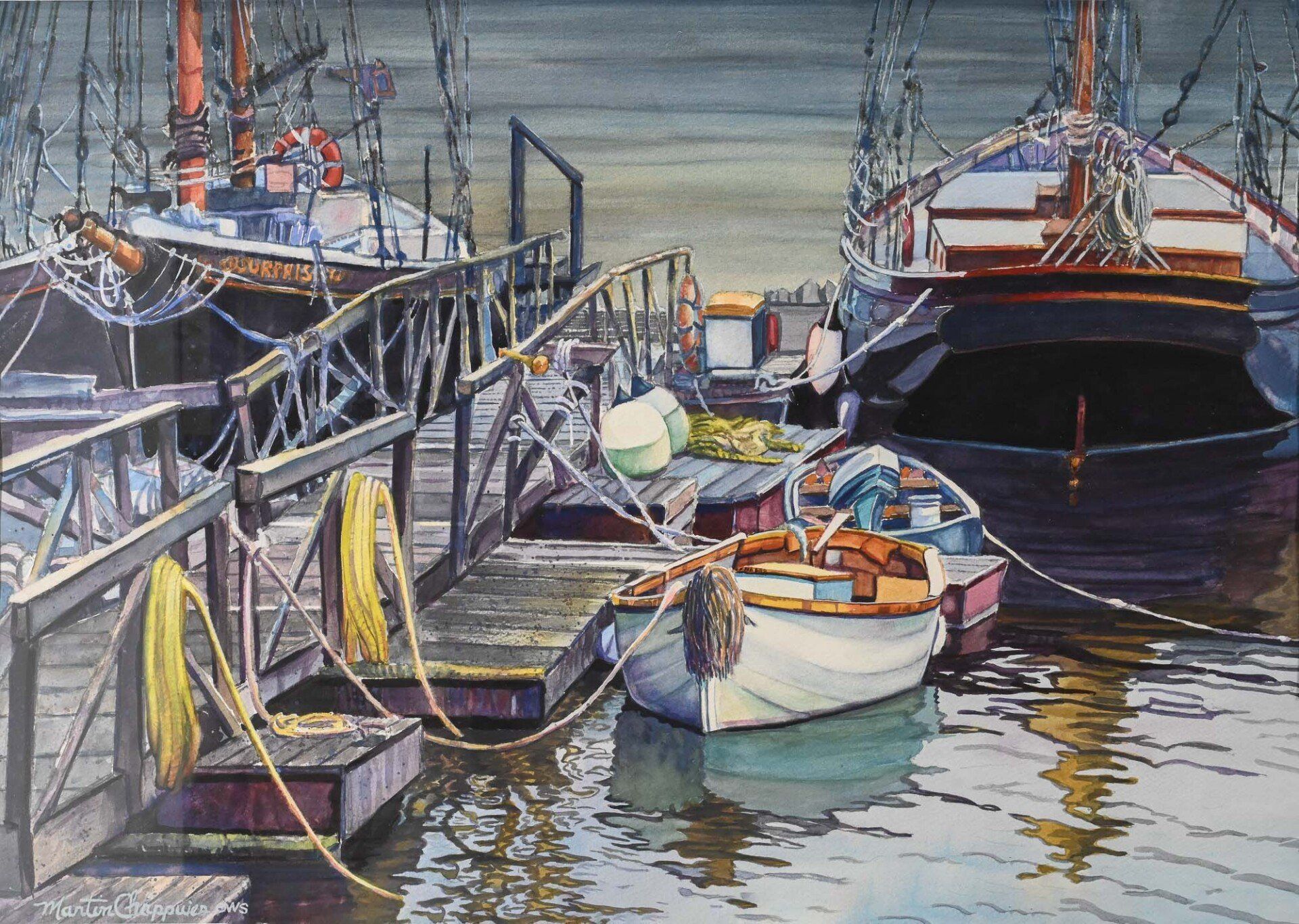 A watercolor painting of boats docked at a dock