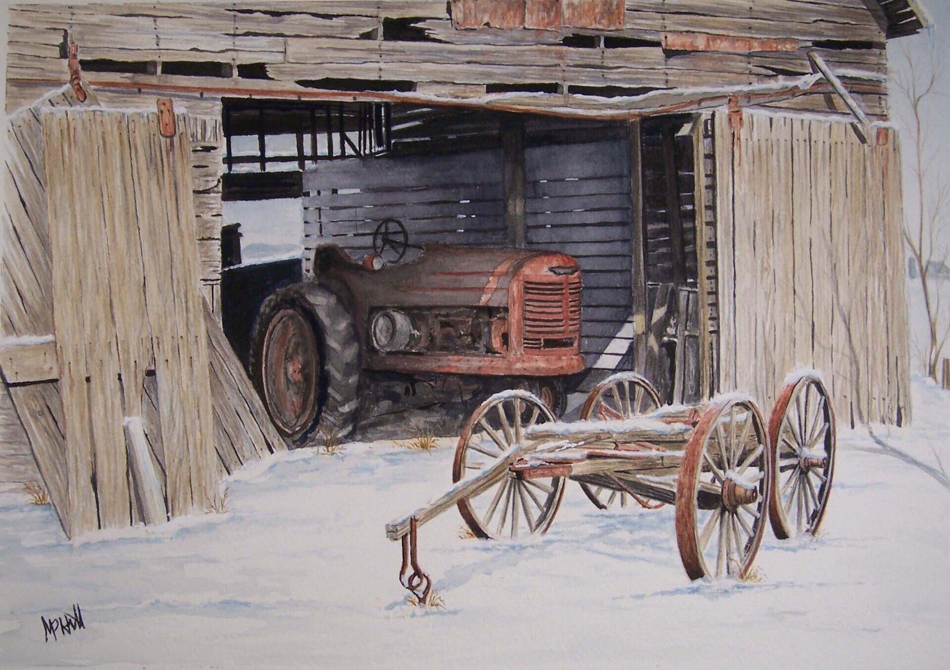 A painting of an old tractor in a barn
