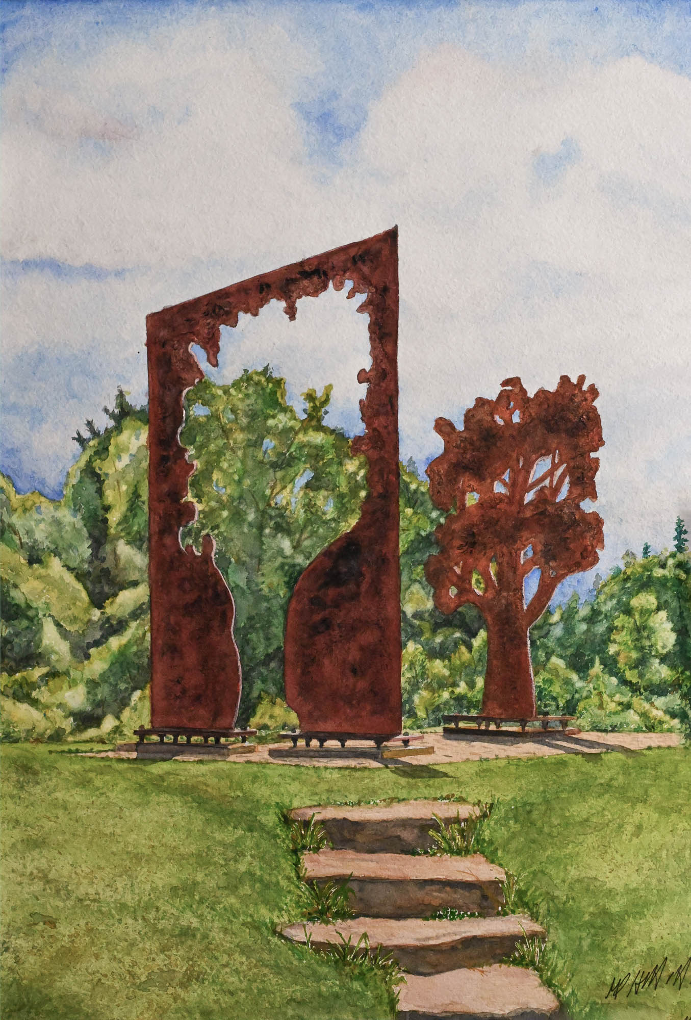 A watercolor painting of a sculpture in a park