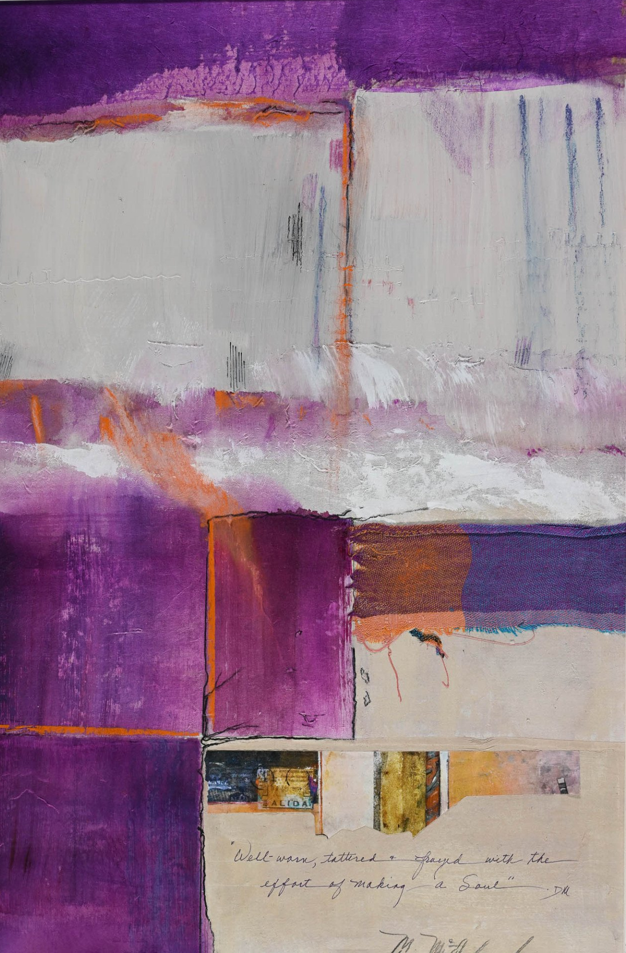 A close up of a purple and white painting on a piece of paper.
