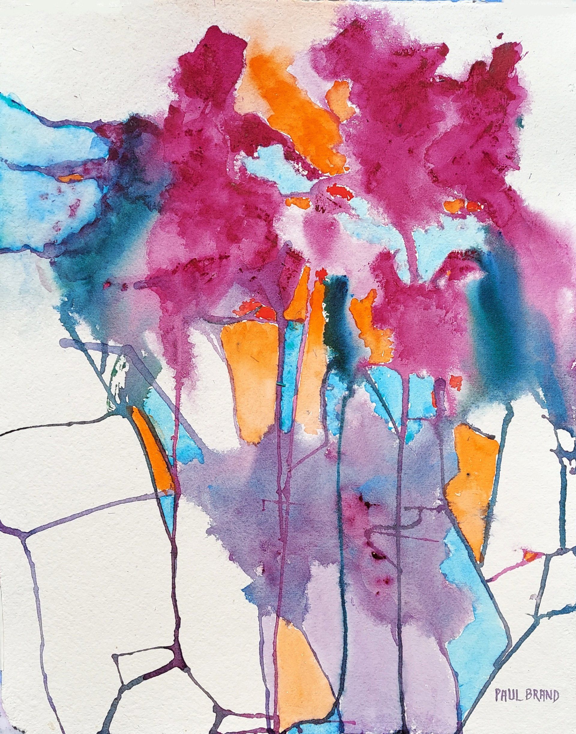 A watercolor painting of purple and orange flowers