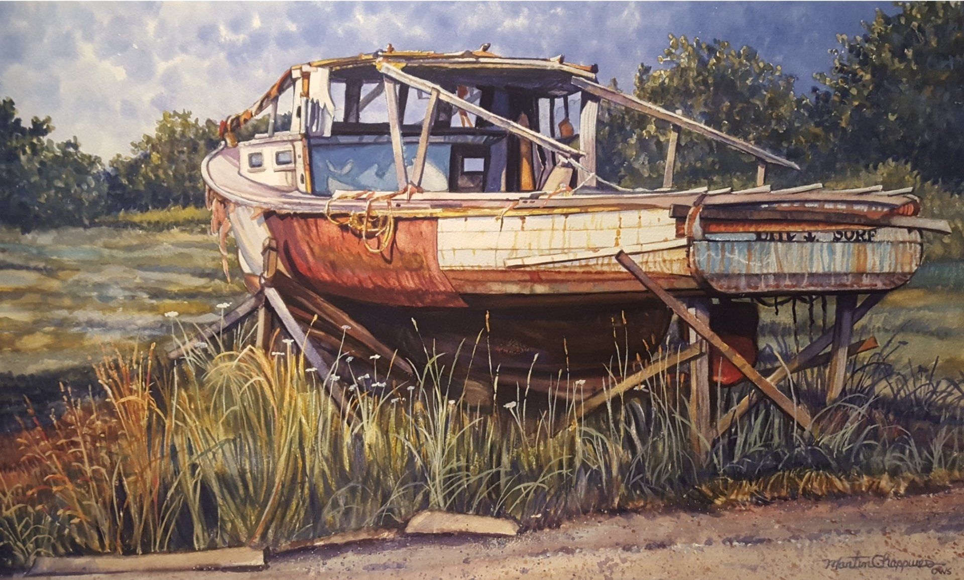A painting of an old boat sitting in the grass