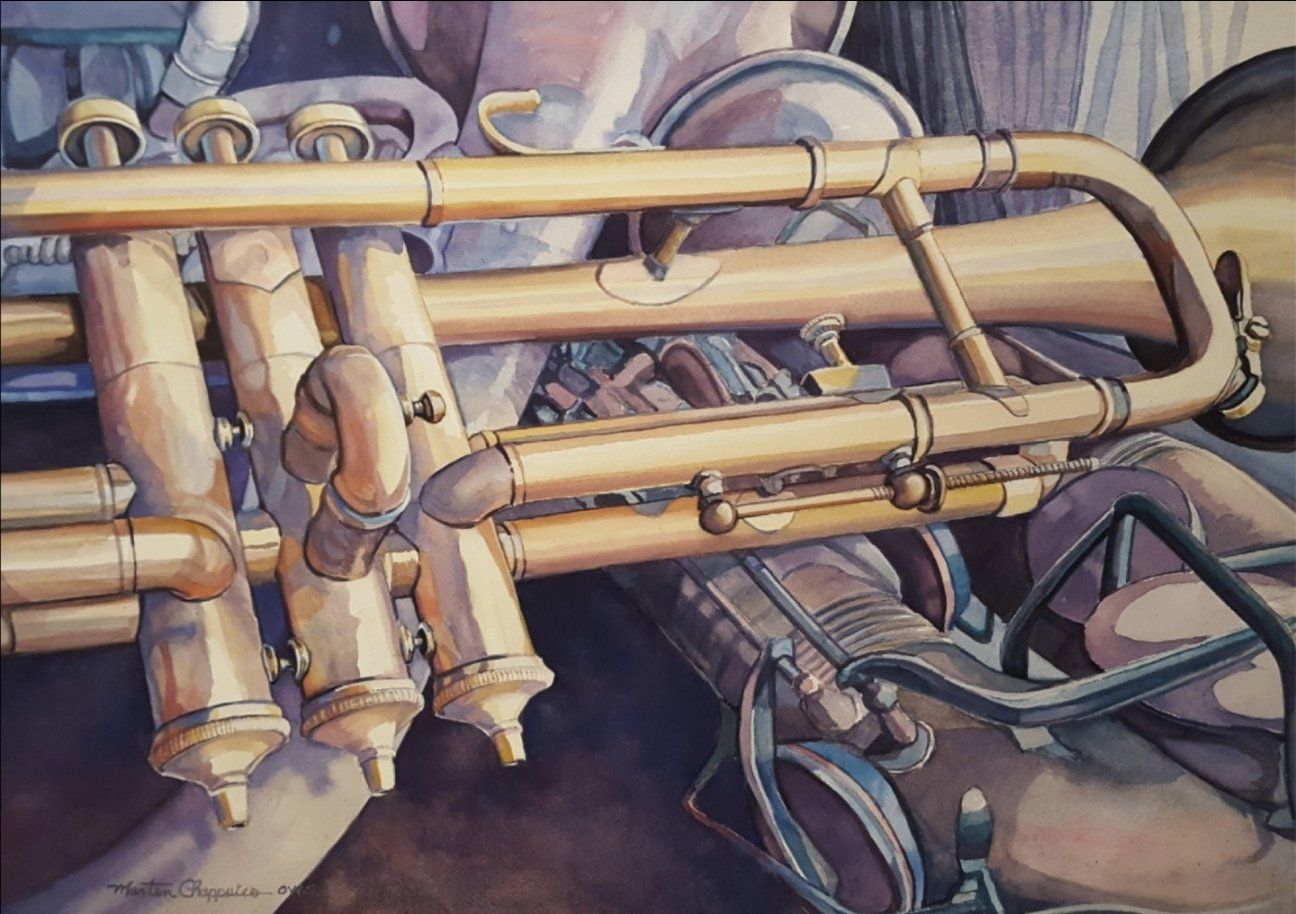 A painting of a trumpet with a person playing it in the background