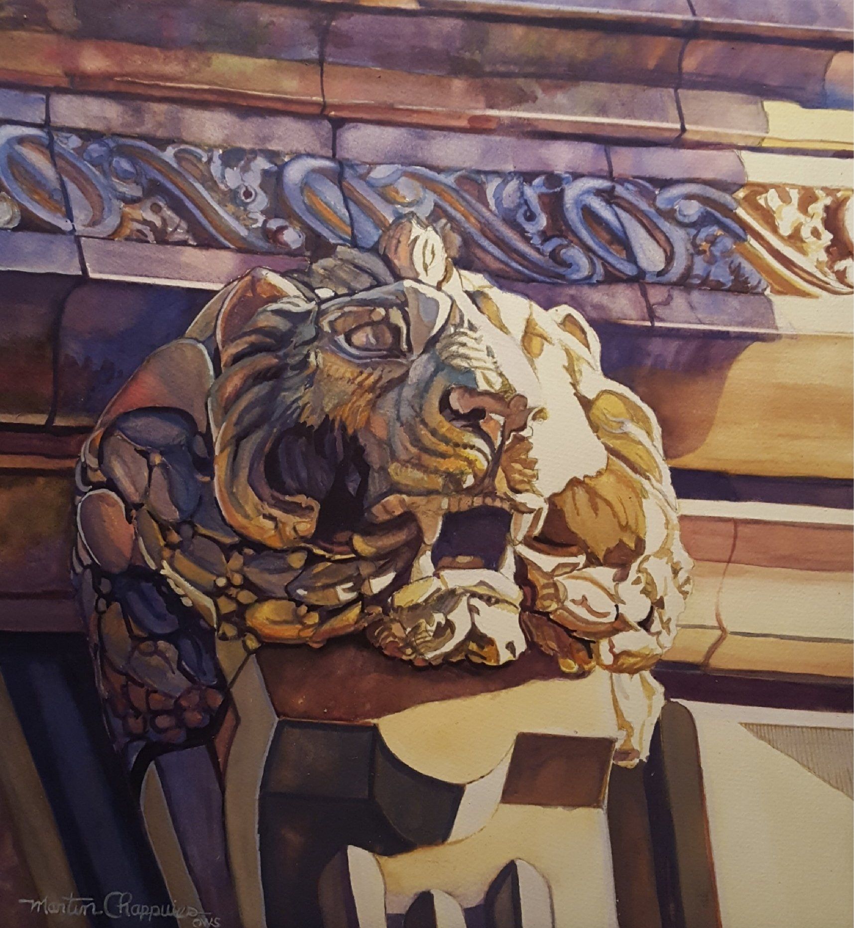 A painting of a statue of a lion on a building