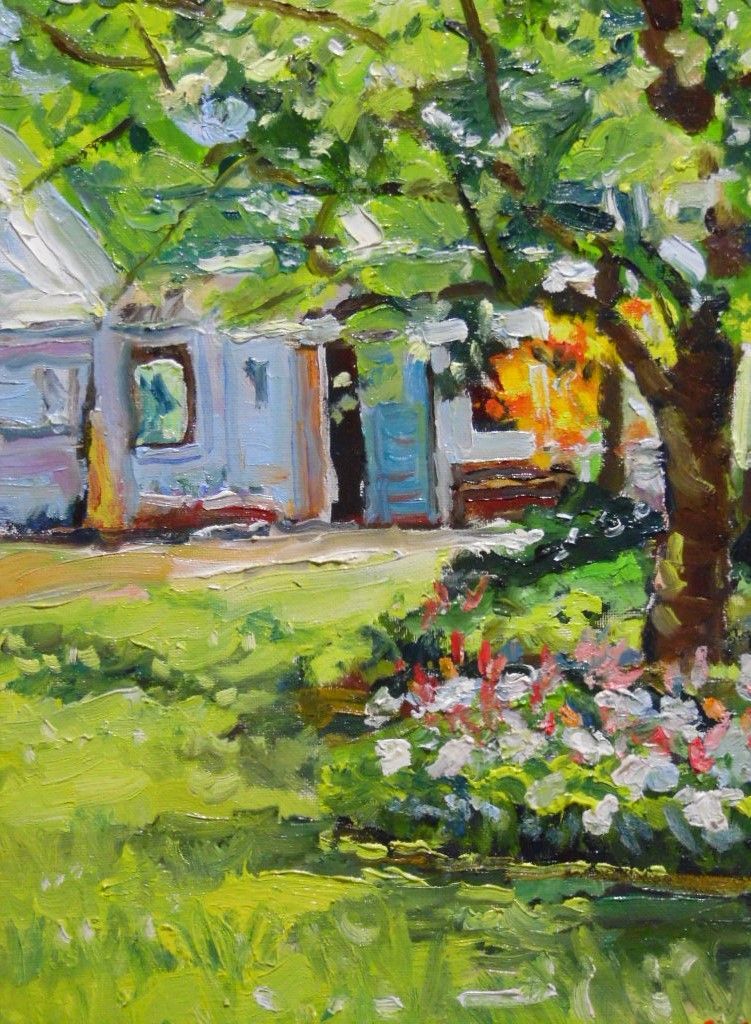 A painting of a house in a garden with flowers and trees.