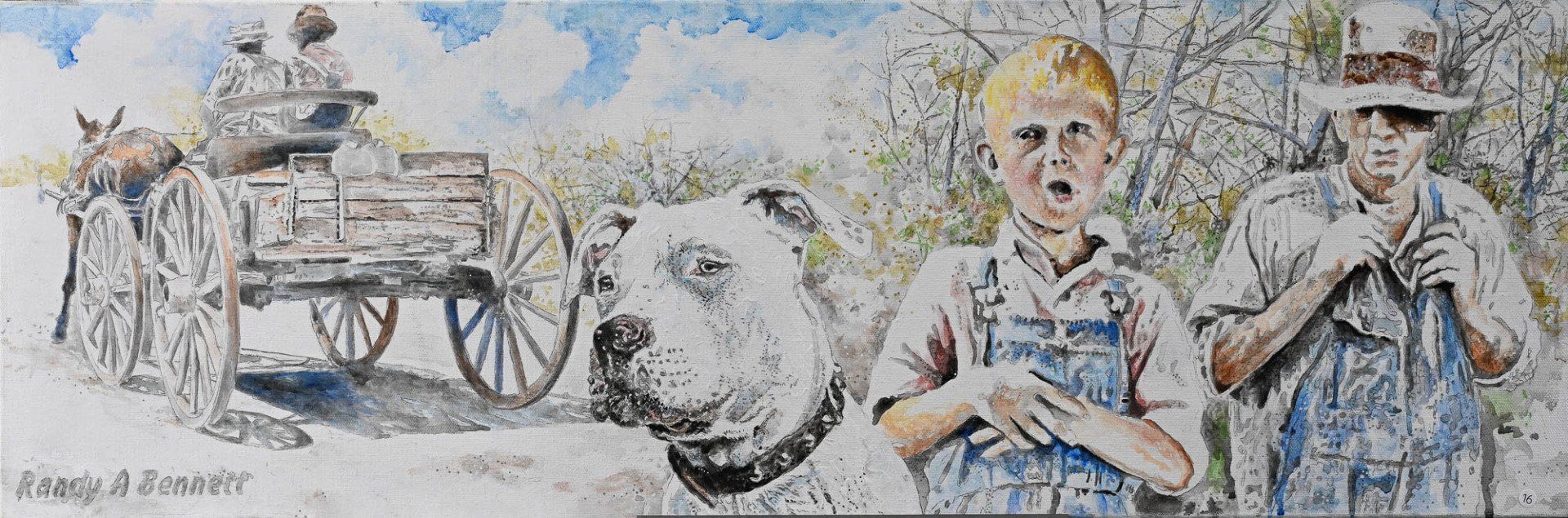 A painting of two boys and a dog with a horse drawn carriage in the background.