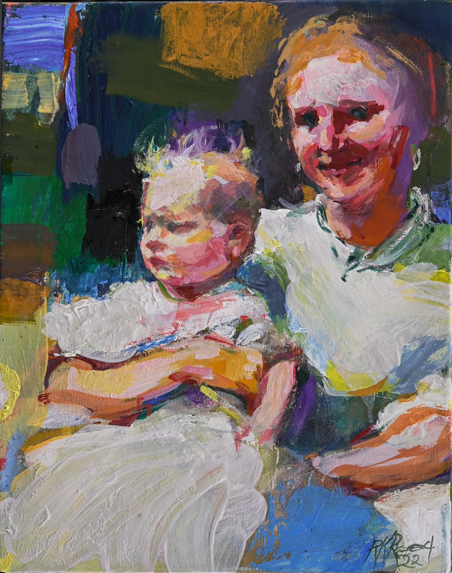 A painting of a woman holding a baby in her arms.