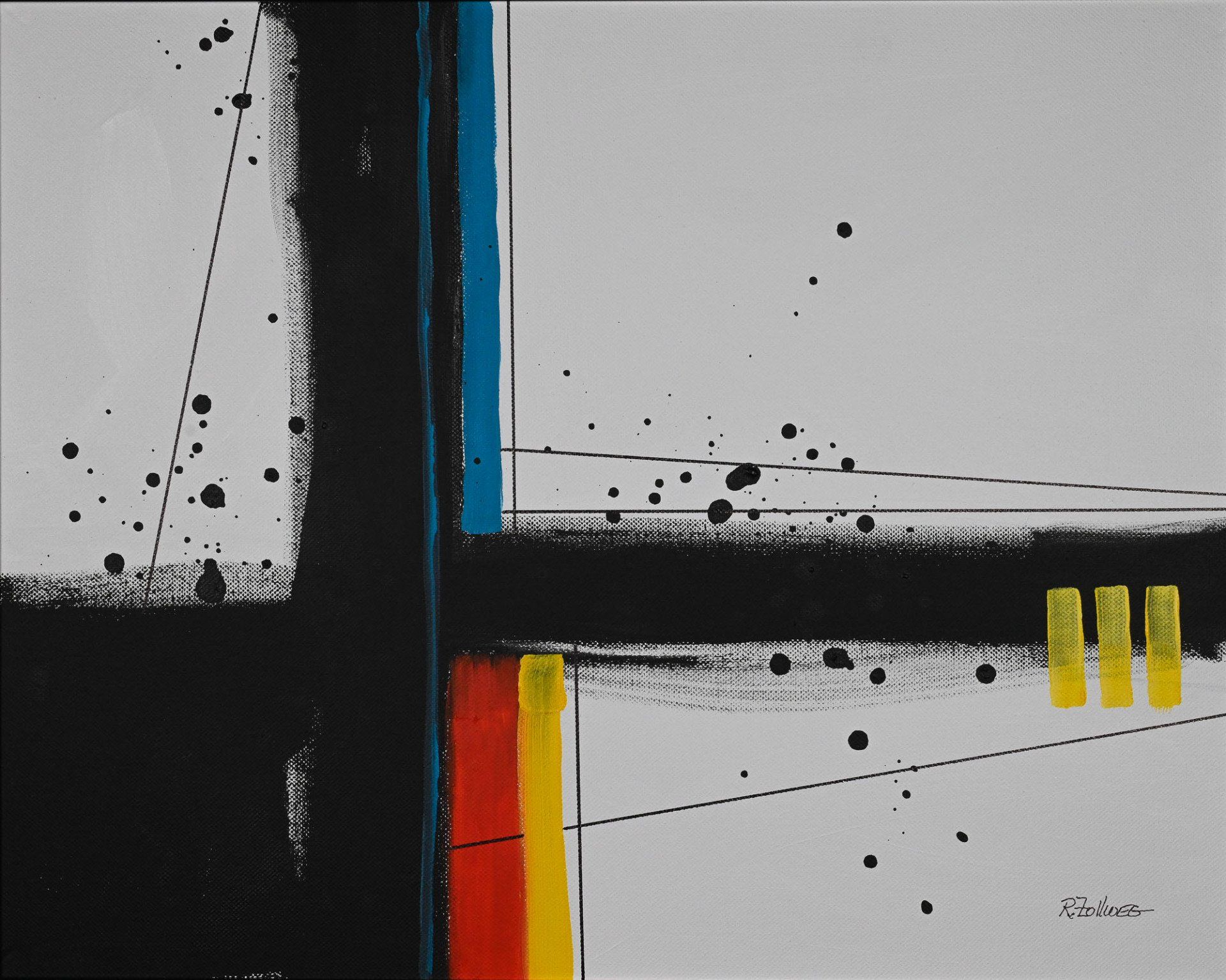 A black and white painting with red yellow and blue lines