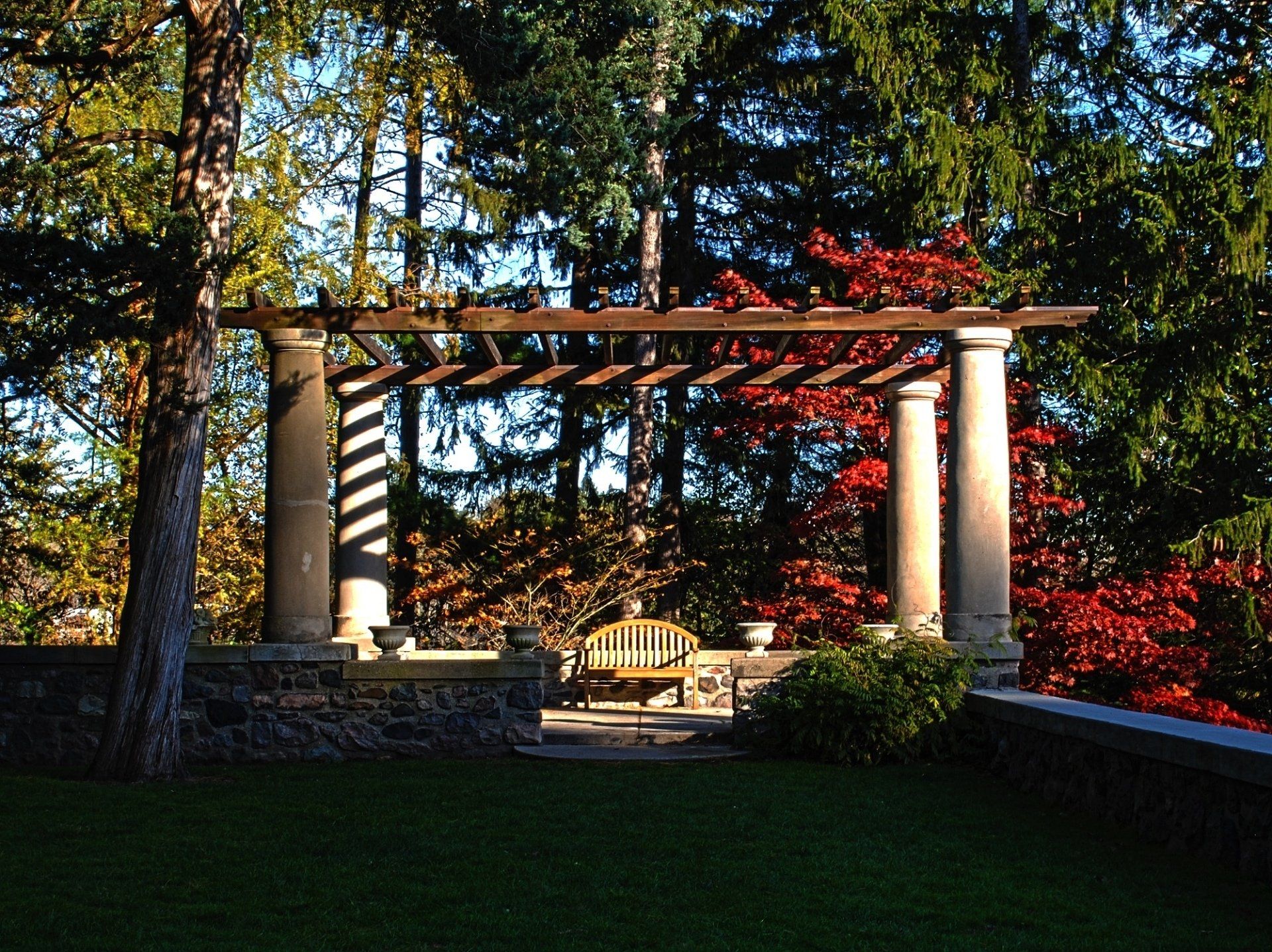 A pergola in the middle of a park with trees in the background