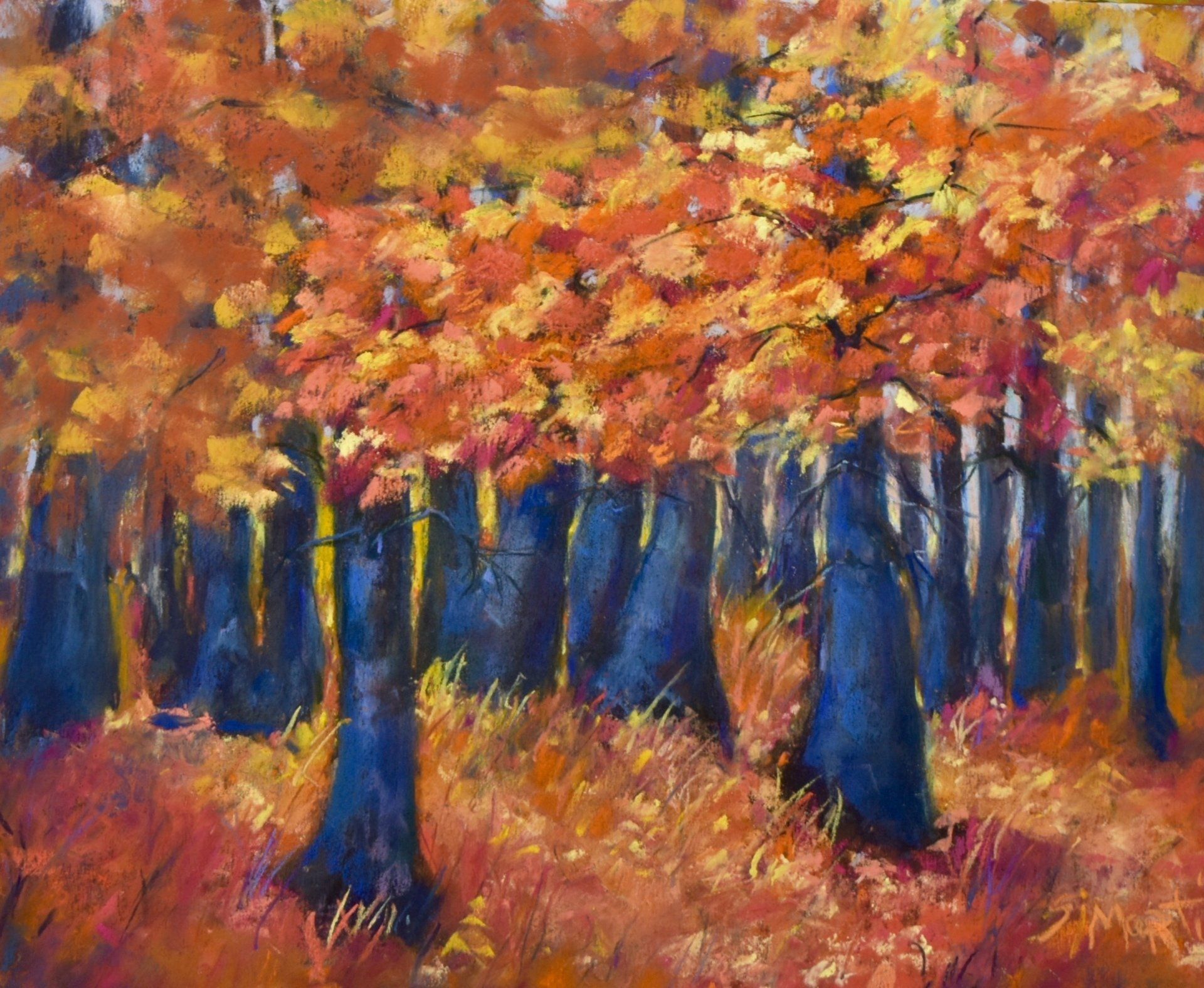 A painting of a forest with trees covered in leaves