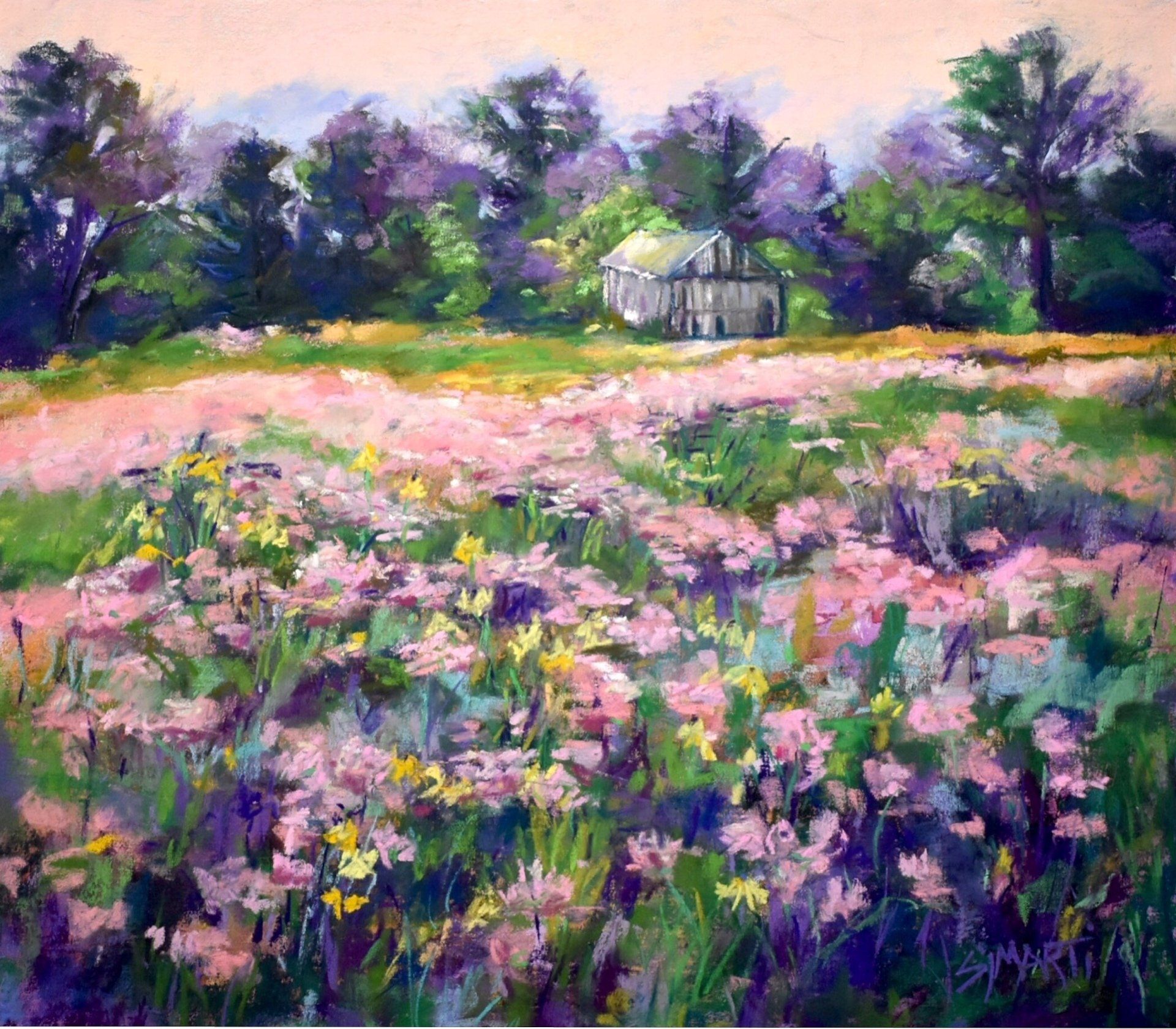 A painting of a field of flowers with a house in the background