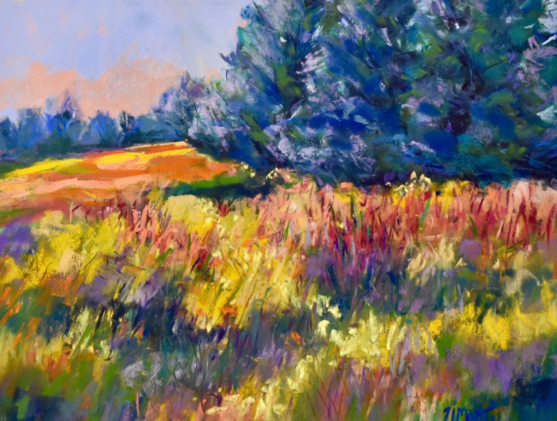 A painting of a field of flowers with trees in the background.