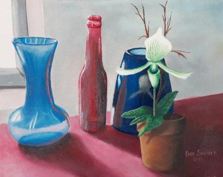 A painting of three vases and a flower on a table