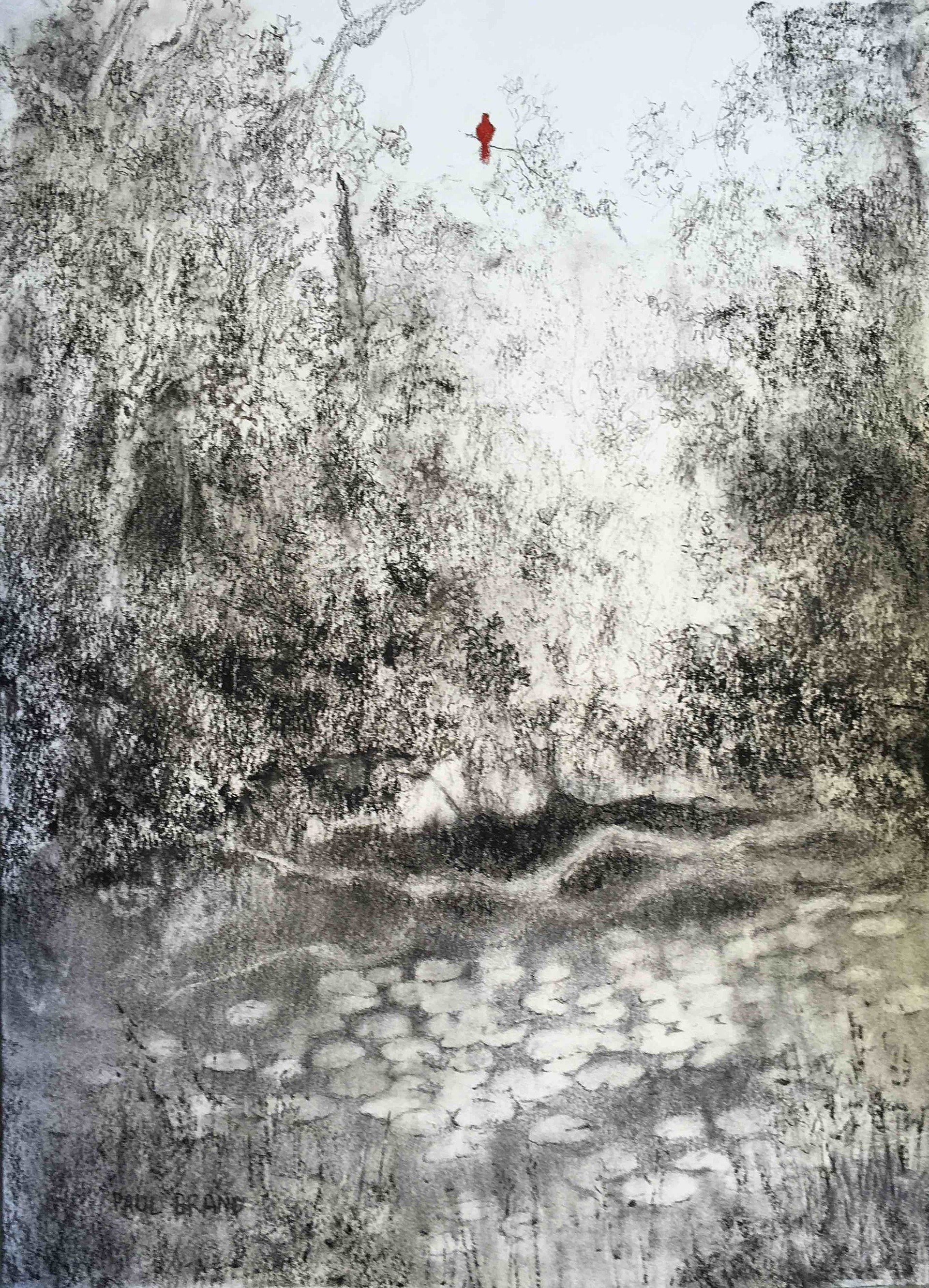 A black and white painting of a red bird flying over a river.