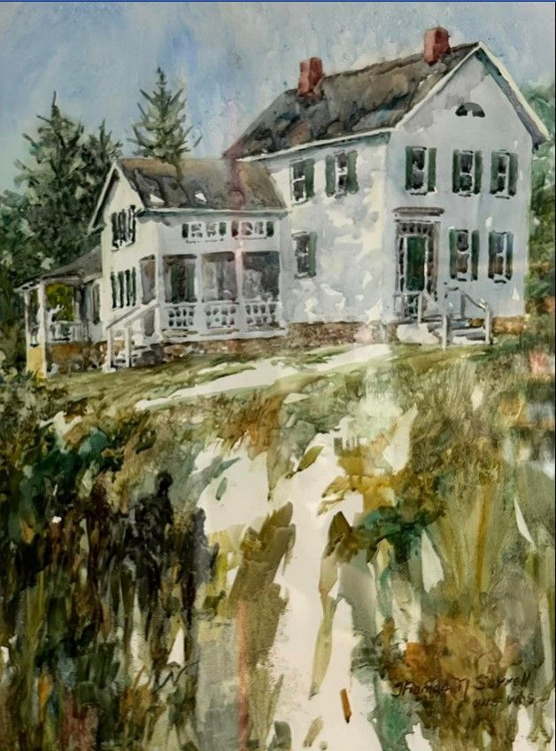 A watercolor painting of a white house with a porch