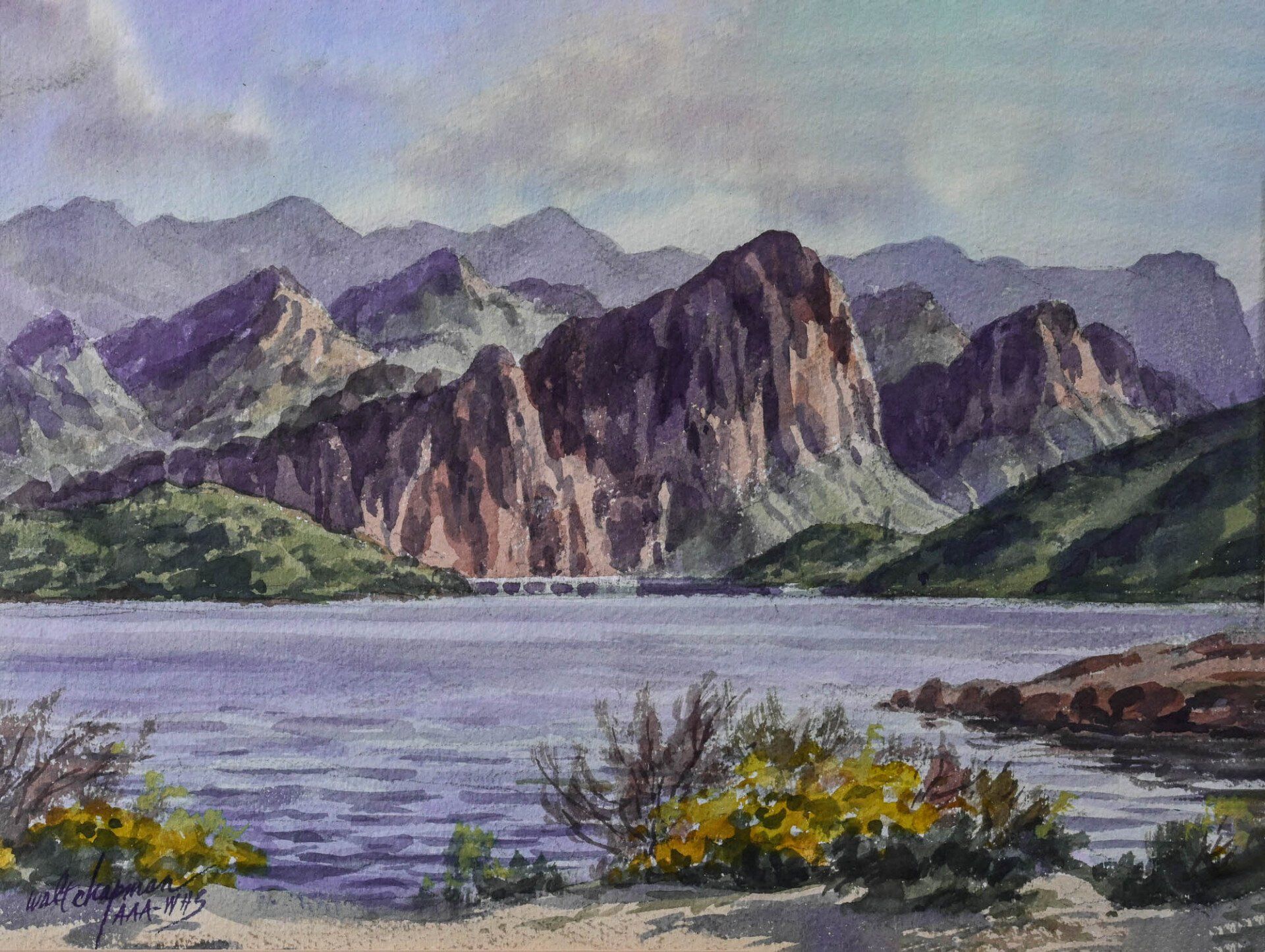 A painting of a lake with mountains in the background