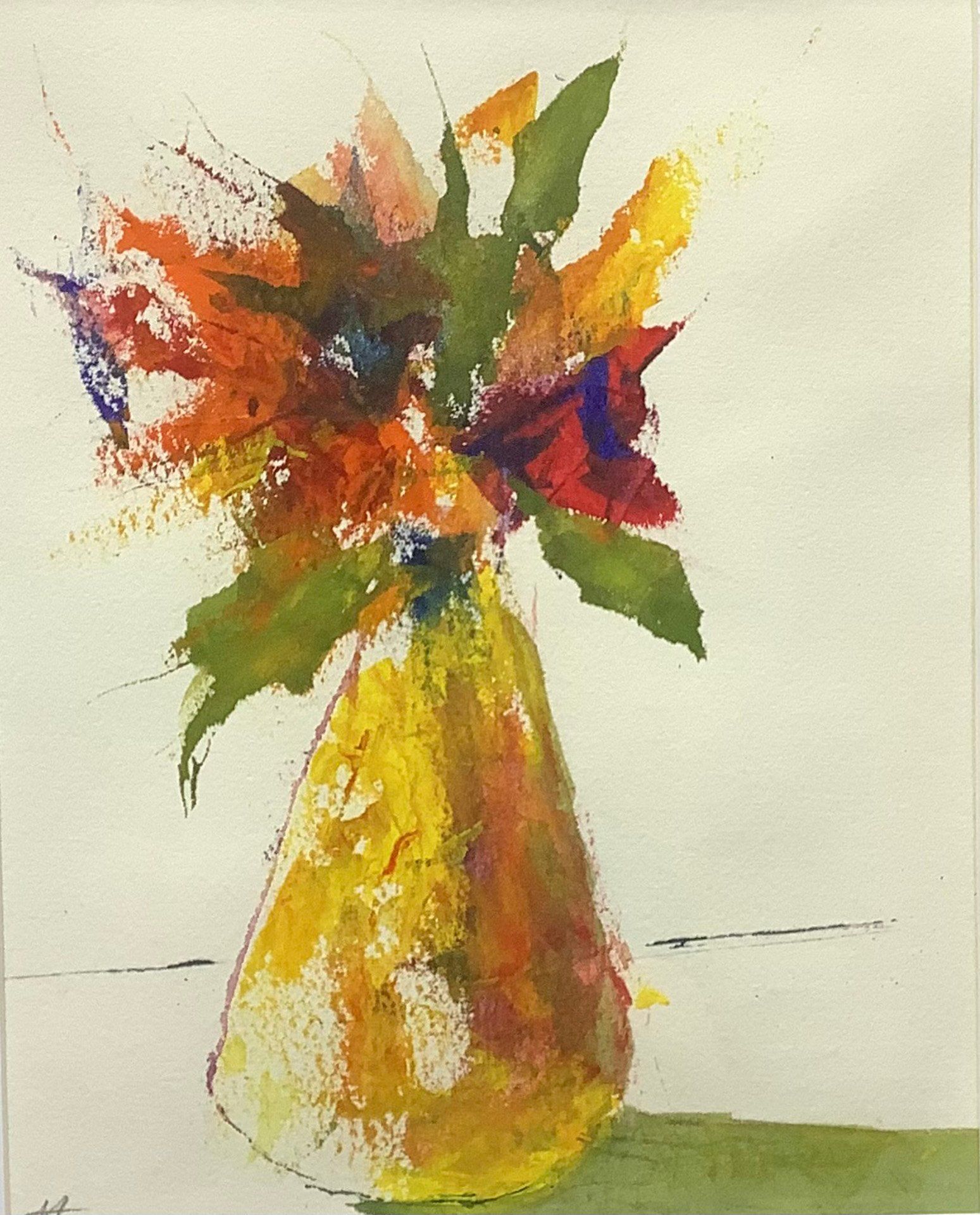 A painting of flowers in a yellow vase