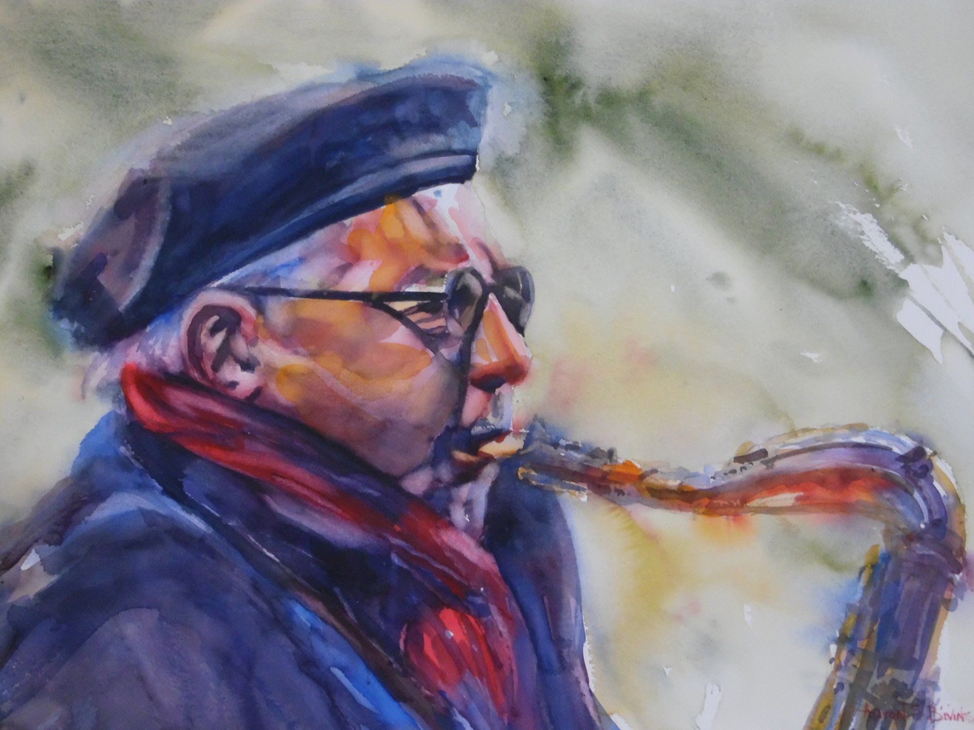 A watercolor painting of a man playing a saxophone