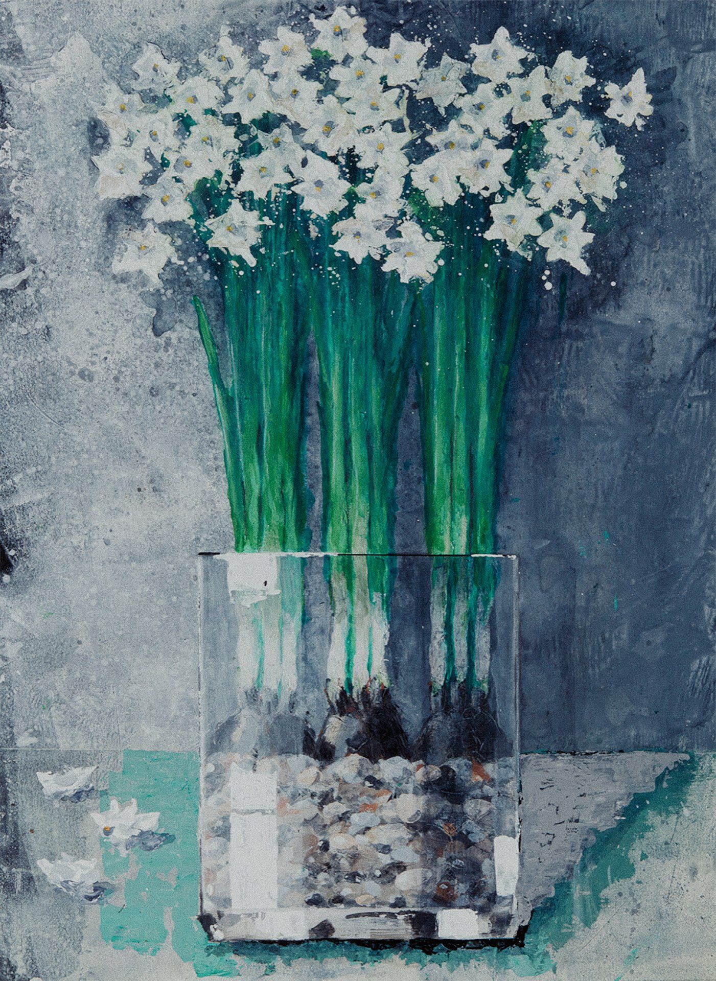 A painting of white flowers in a clear vase