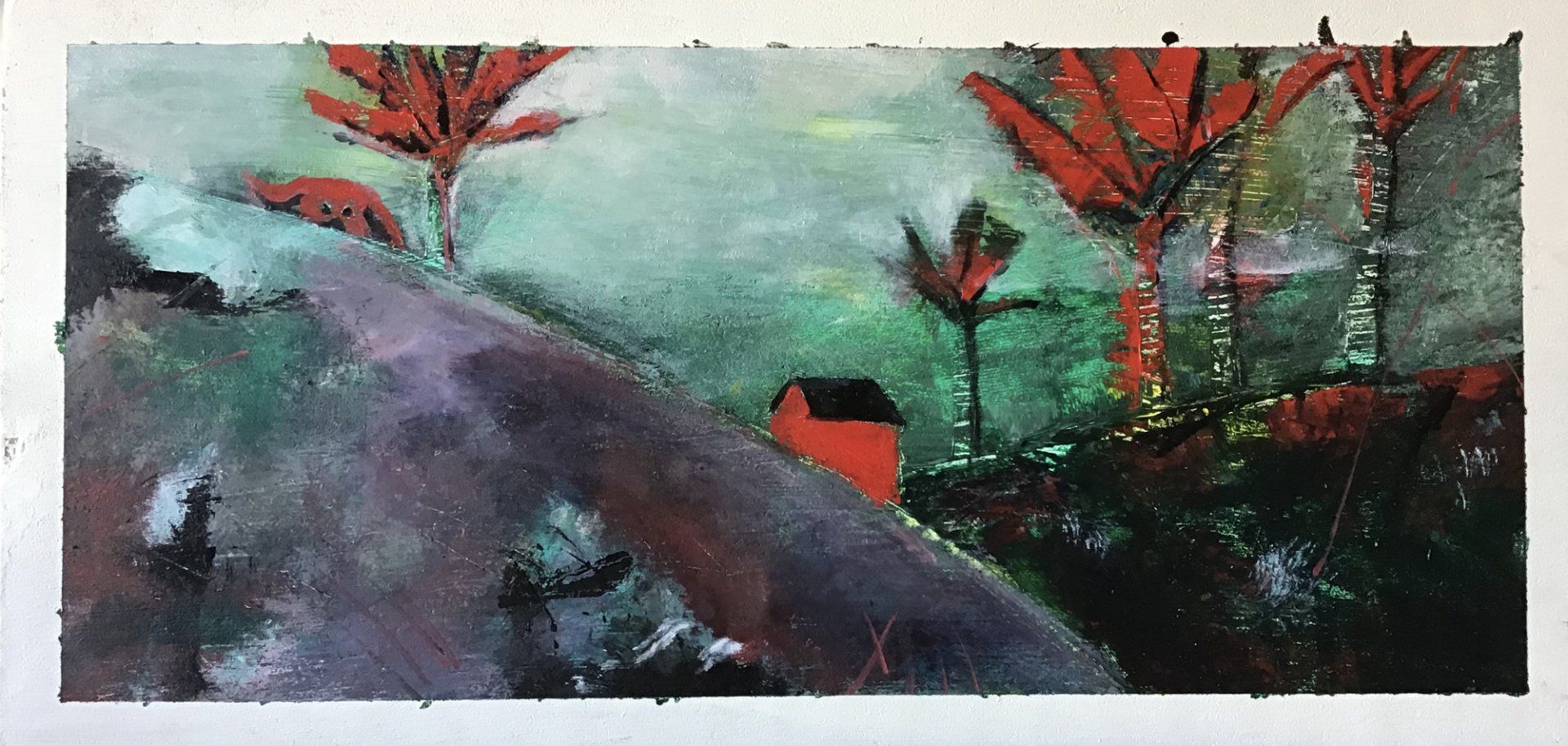 A painting of a house on the side of a road surrounded by trees.